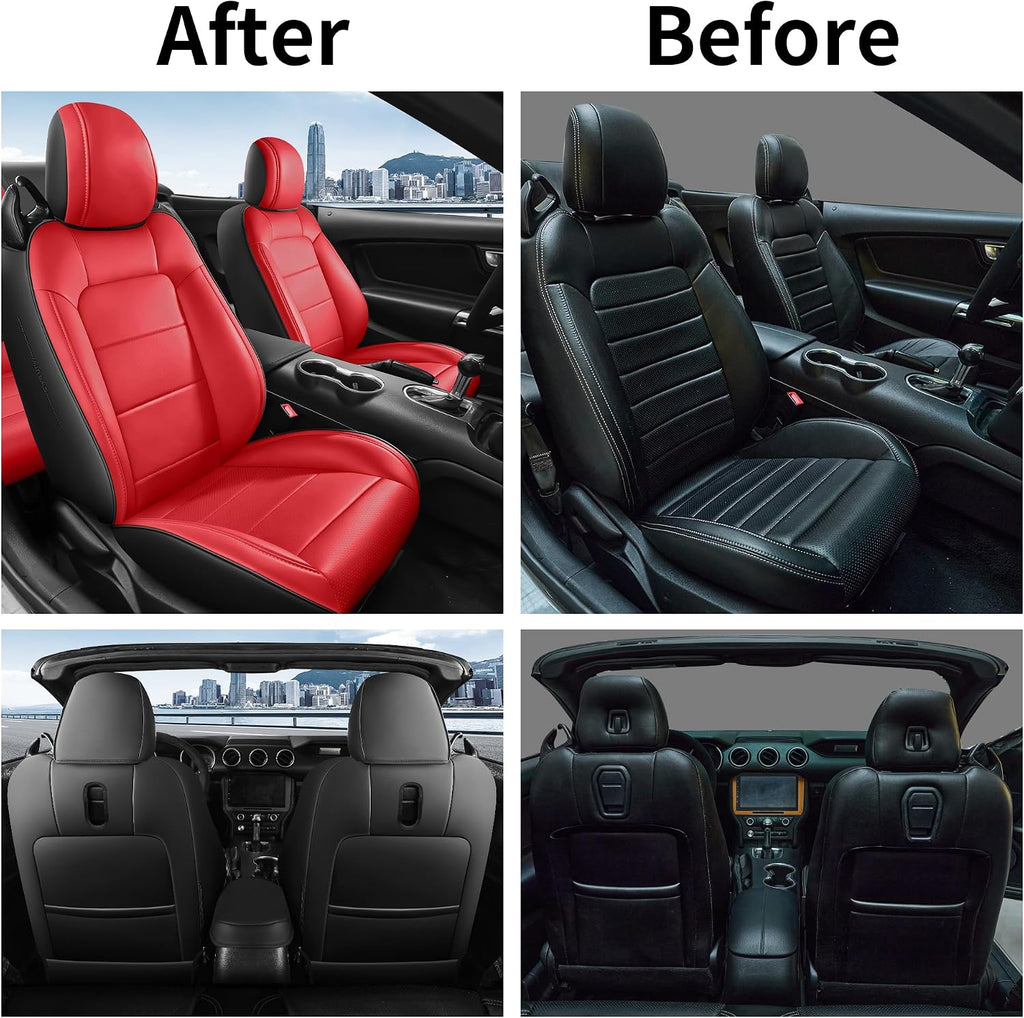 Custom Fit Ford Mustang Convertible Seat Cover 2015 2016 2017 2018 2019 2020 2021 2022 2023 2024 2025 2026, Faux Leather Car Seat Cover Full Set (Convertible-Red+Balck)