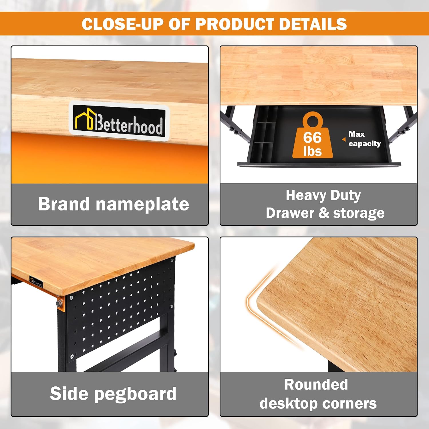 Betterhood 60' Heavy-Duty Adjustable Workbench for Garage, Rubber Wood Shop Table W/Double Pegboards & Drawer,Hardwood Workstation Weight Capacity Over 2000 Lbs