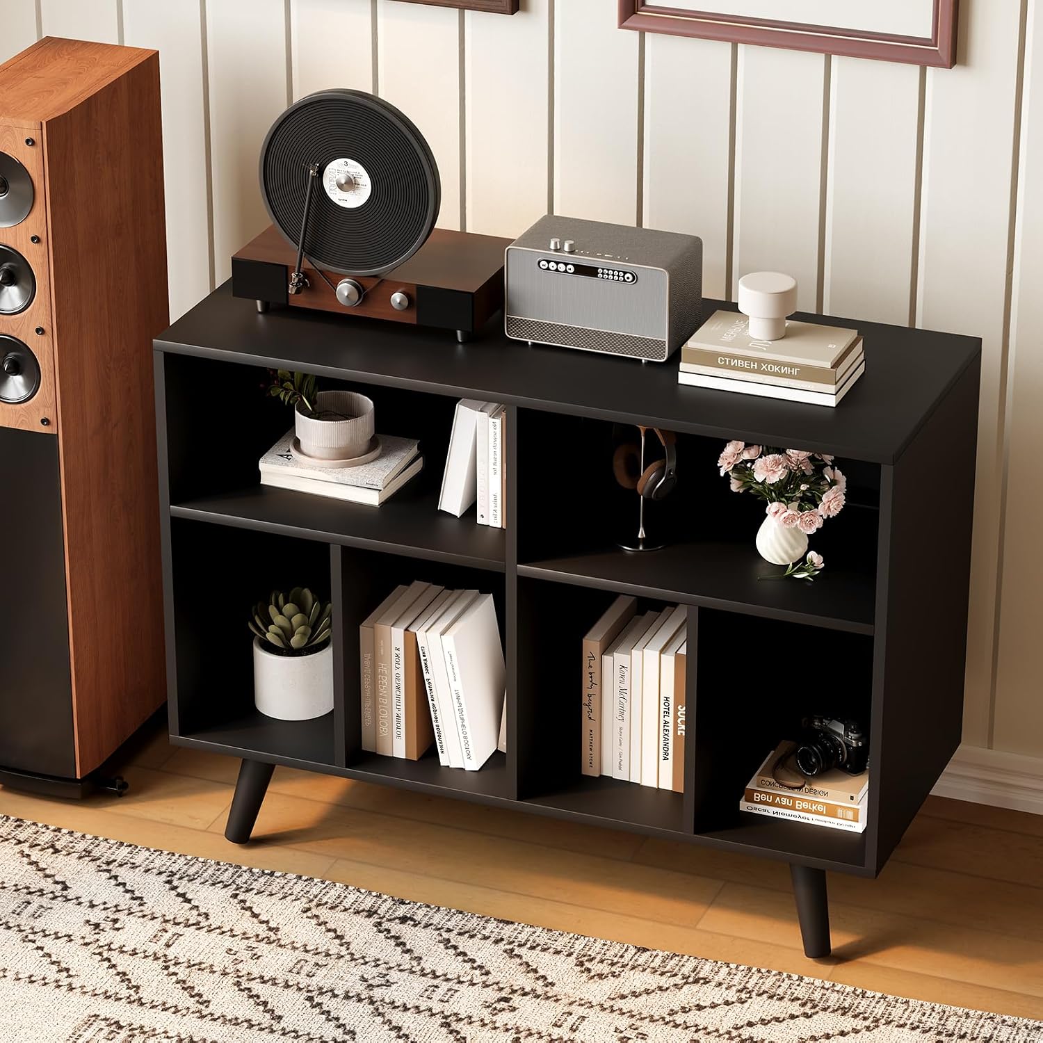 IDEALHOUSE Record Player Stand with Vinyl Storage, 39.5in Large Vinyl Record Holder Player Cabinet Wood Turntable Stand Up to 350 Albums with Charging Station for Living Room, Black