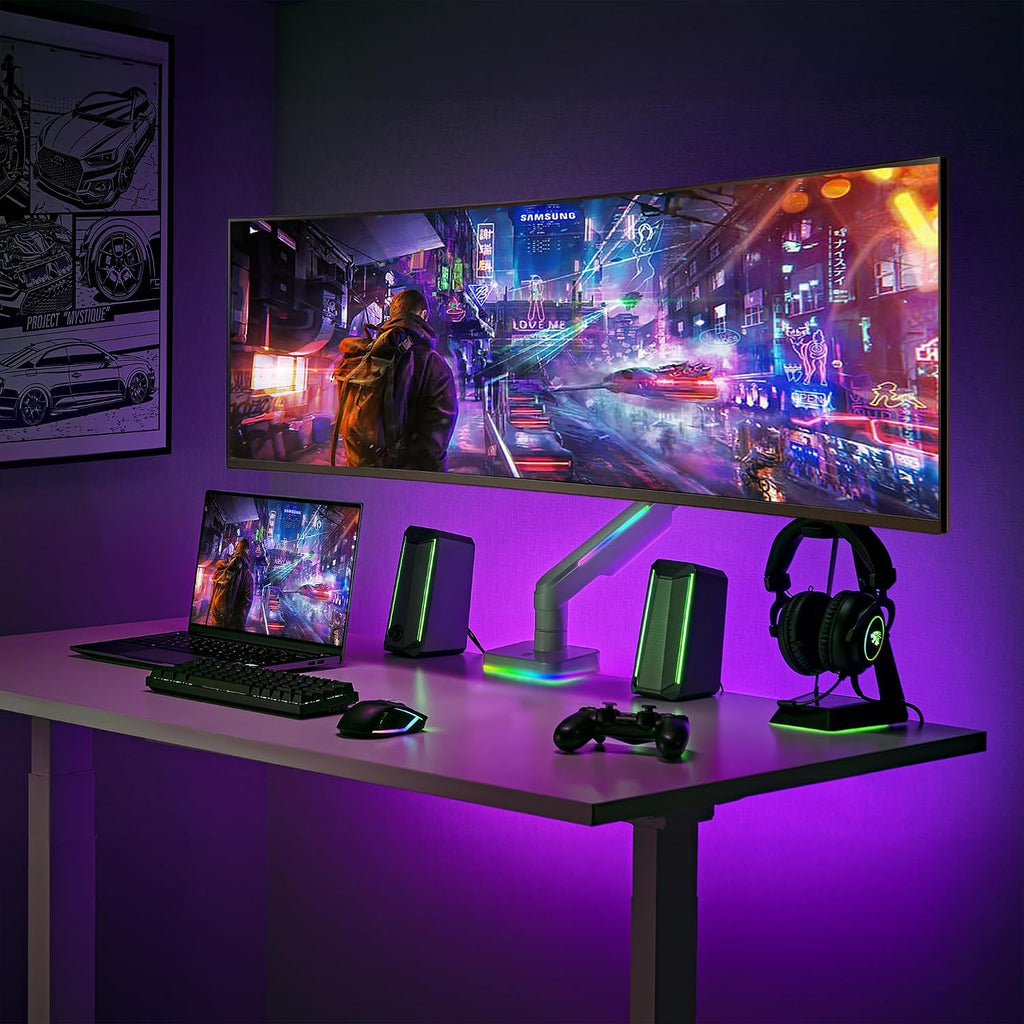 AVLT RGB Lights Single 17'-49' Gaming Monitor Arm Desk Mount, Fits One Flat/Curved/Ultrawide Screen up to 44lbs(20kg), Height Swivel Tilt Adjustable Stand - White