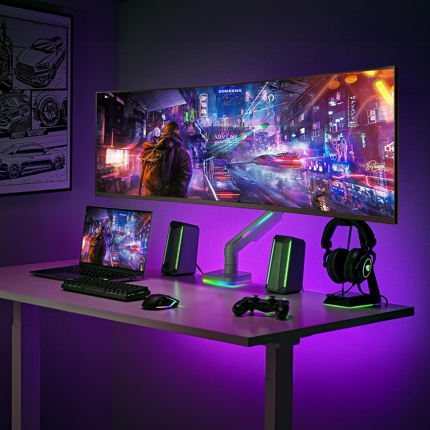 AVLT RGB Lights Single 17'-49' Gaming Monitor Arm Desk Mount, Fits One Flat/Curved/Ultrawide Screen up to 44lbs(20kg), Height Swivel Tilt Adjustable Stand - White