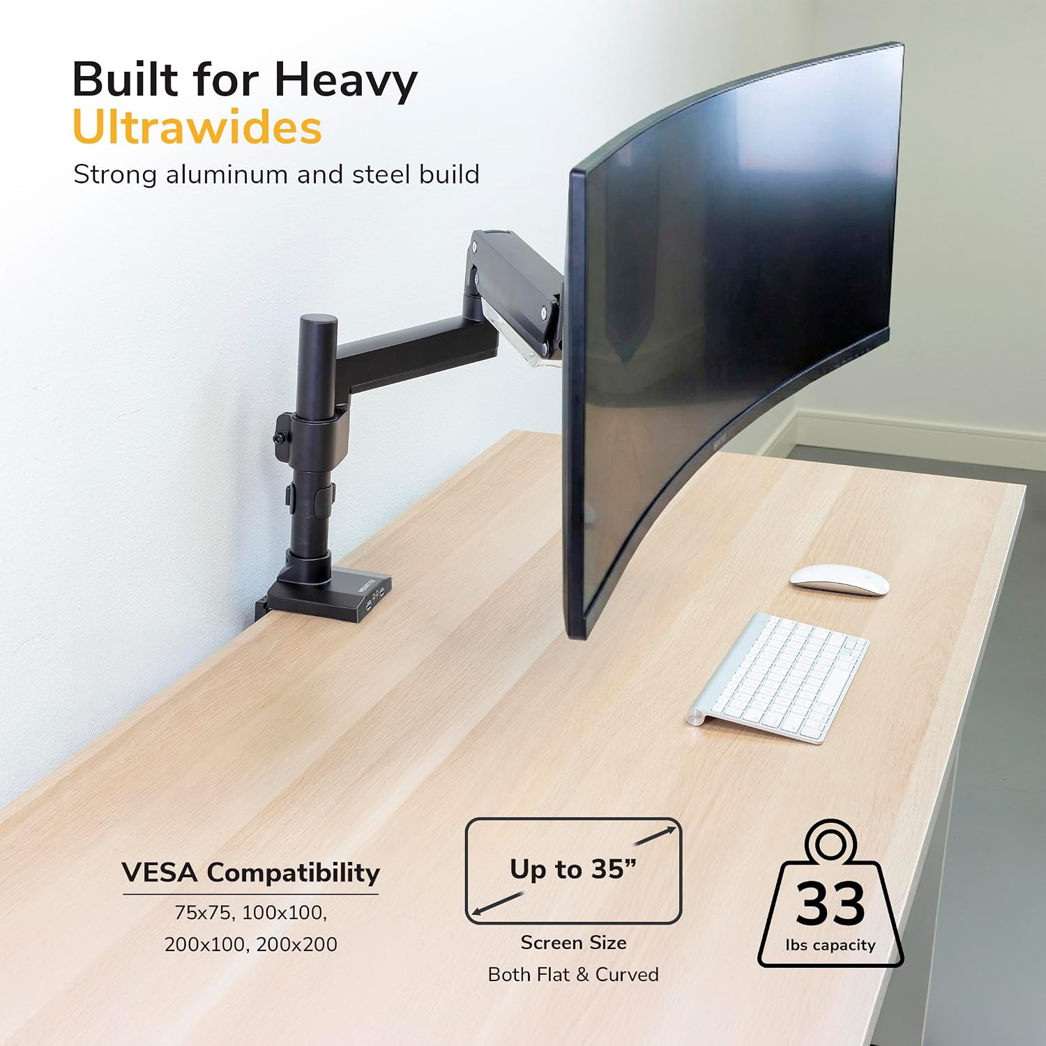 Mount-It! Ultrawide Monitor Arm, Heavy-Duty Gas Spring Desk Mount for 17–35' Curved Screens up to 33 lbs, Full Motion Height Adjustable Monitor Arm with USB 3.0 & Audio Ports, VESA 75/100/200