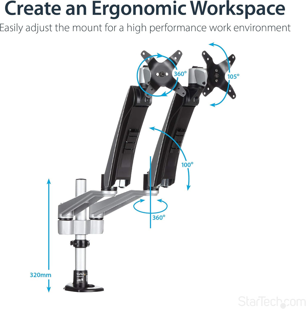 StarTech.com Desk Mount Dual Monitor Arm - Articulating - Supports VESA Monitors 12'' to 30' (19.8lb/9kg) - Adjustable - Grommet/Desk Mount - Premium - Silver, TAA (ARMDUAL30)