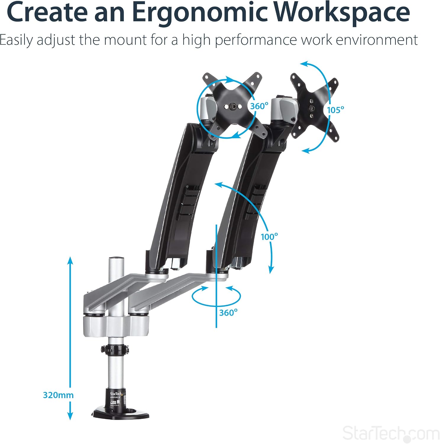 StarTech.com Desk Mount Dual Monitor Arm - Articulating - Supports VESA Monitors 12'' to 30' (19.8lb/9kg) - Adjustable - Grommet/Desk Mount - Premium - Silver, TAA (ARMDUAL30)