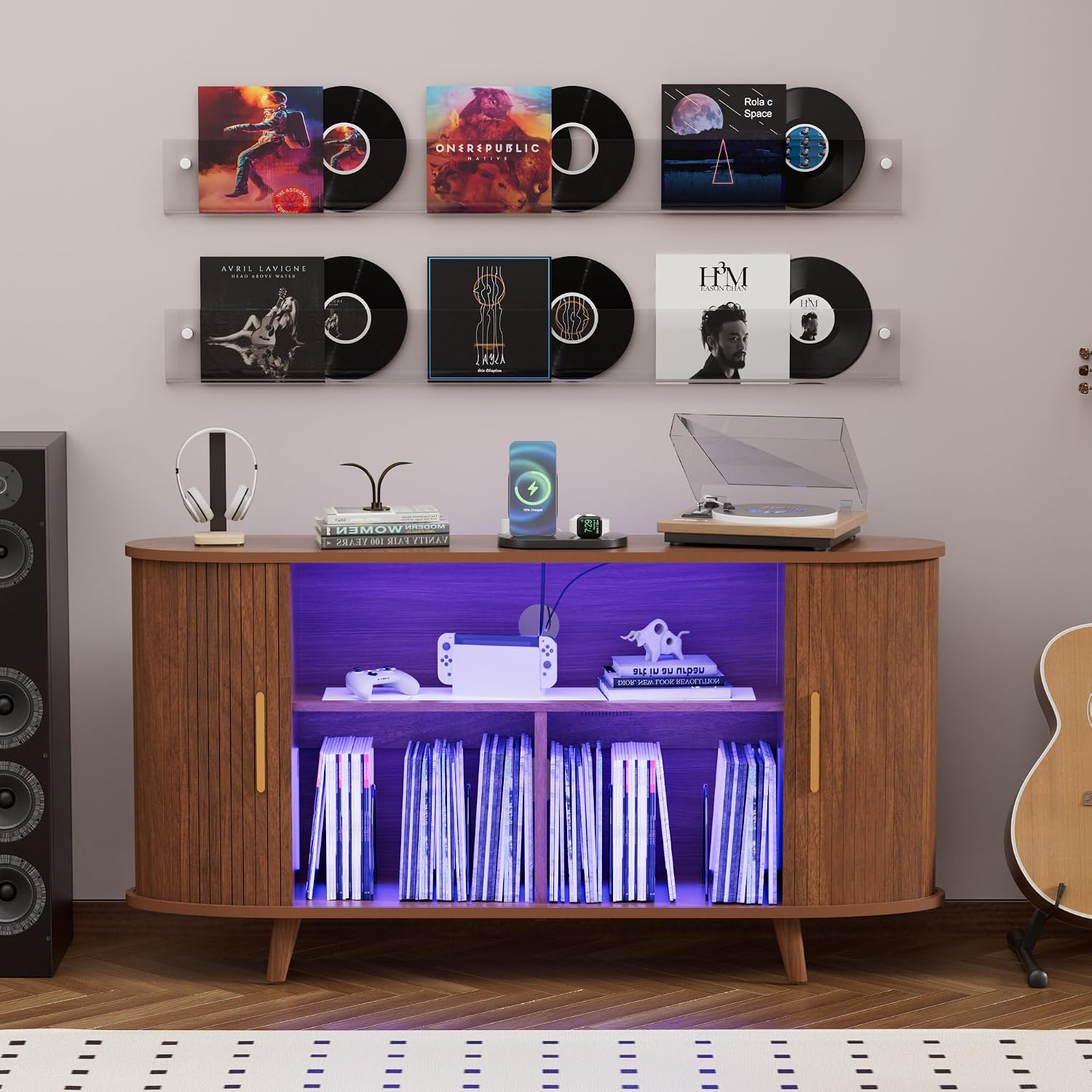 Large Record Player Stand with LED Lights, Vinyl Record Storage with Charging Station & USB Ports, Record Player Cabinet for Living Room(Natural, 55in) (Walnut, 55in)