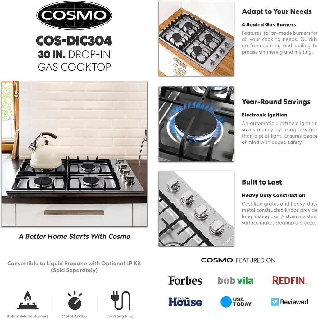COSMO COS-DIC304 30 in. Gas Cooktop in Stainless Steel with 4 Italian Made Burners