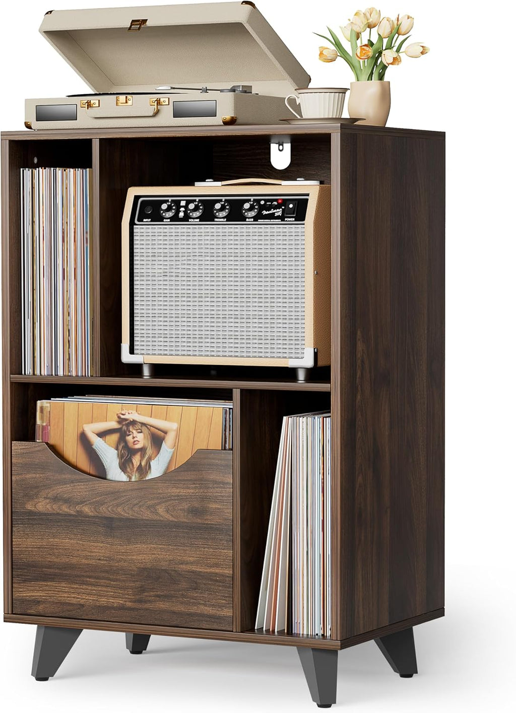 Bikoney Mid-century Modern Record Player Stand with Vinyl Storage Drawer – Wooden Turntable Side Table for All Record Players and Speakers, Large LP Storage Cabinet for Living Room, Bedroom, or Office