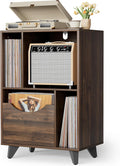 Bikoney Mid-century Modern Record Player Stand with Vinyl Storage Drawer – Wooden Turntable Side Table for All Record Players and Speakers, Large LP Storage Cabinet for Living Room, Bedroom, or Office