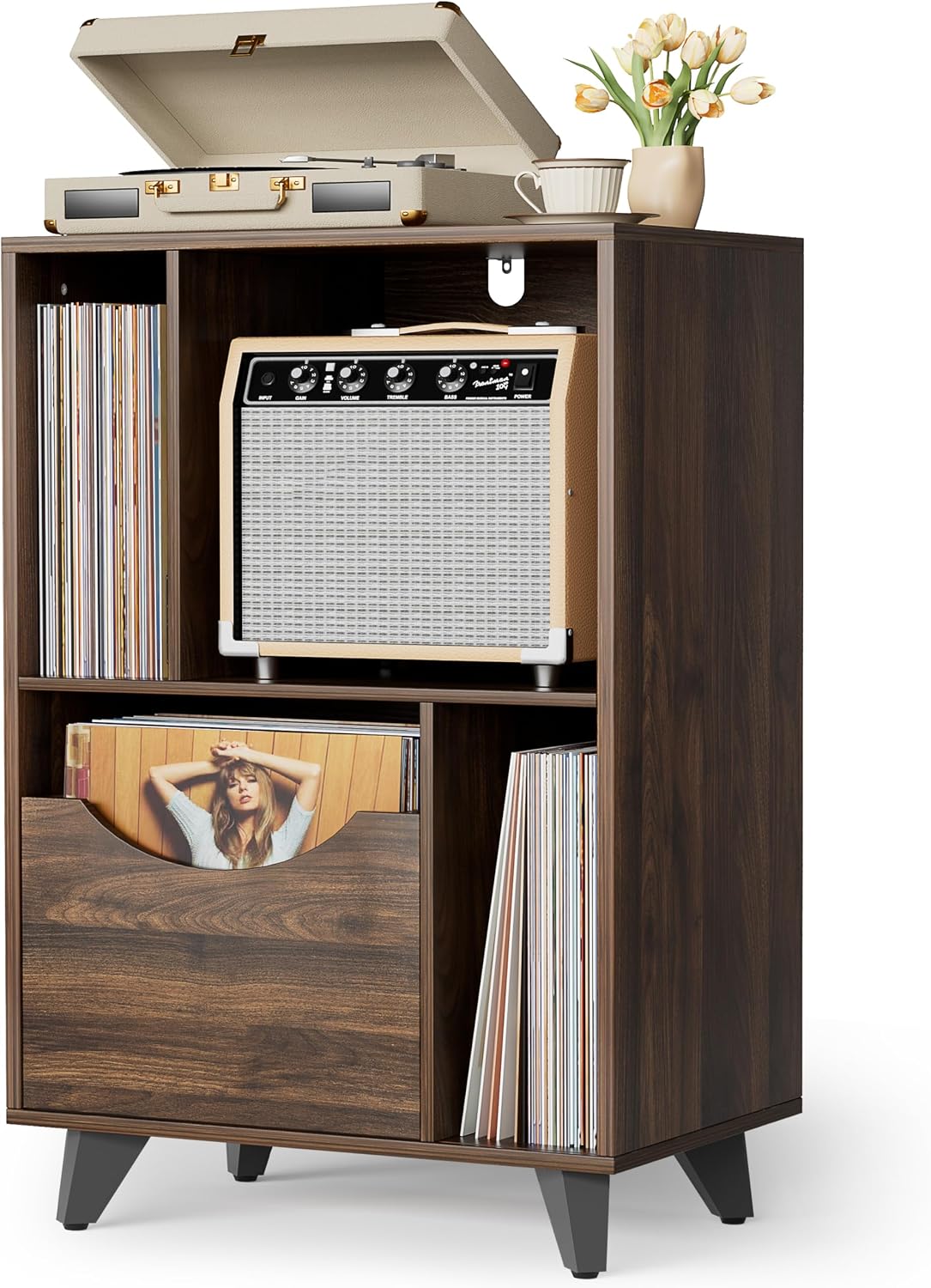 Bikoney Mid-century Modern Record Player Stand with Vinyl Storage Drawer – Wooden Turntable Side Table for All Record Players and Speakers, Large LP Storage Cabinet for Living Room, Bedroom, or Office