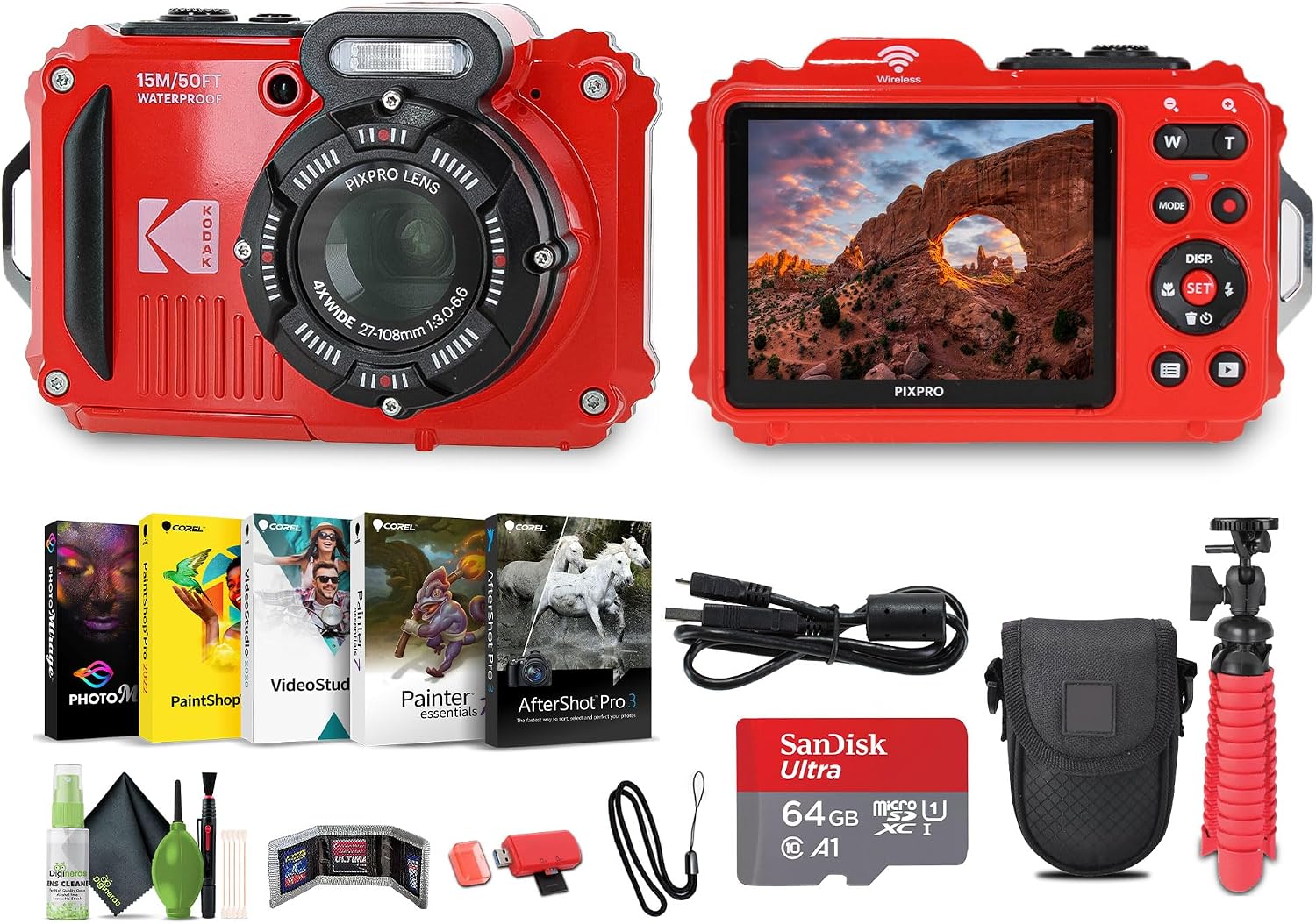 KODAK PIXPRO WPZ2 Rugged Waterproof Shockproof Dustproof WiFi Digital Vlogging Camera 16MP (Red) Bundle with 64GB Memory Card + Vlogger Tripod + Bag + Cleaning Kit + More Accessories