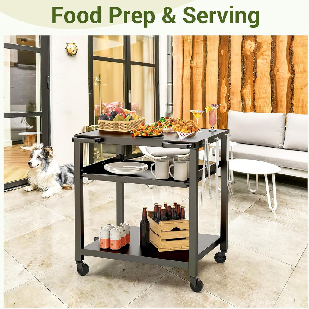 NUUK Outdoor Grill Prep Table 24'x30' Metal Grill Cart Outside 3-Layer Pizza Oven Table Movable with Universal Wheels for BBQ Backyard Patio