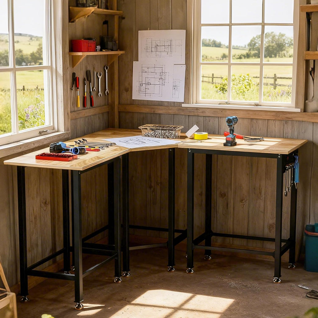 Betterhood 48'/60' Heavy-Duty Adjustable Workbench for Garage, Rubber Wood Shop Table,Hardwood Workstation Weight Capacity Over 1500 Lbs (Rubber Pad/Power Outlets/Ruler/63 x21.7 x35.8)