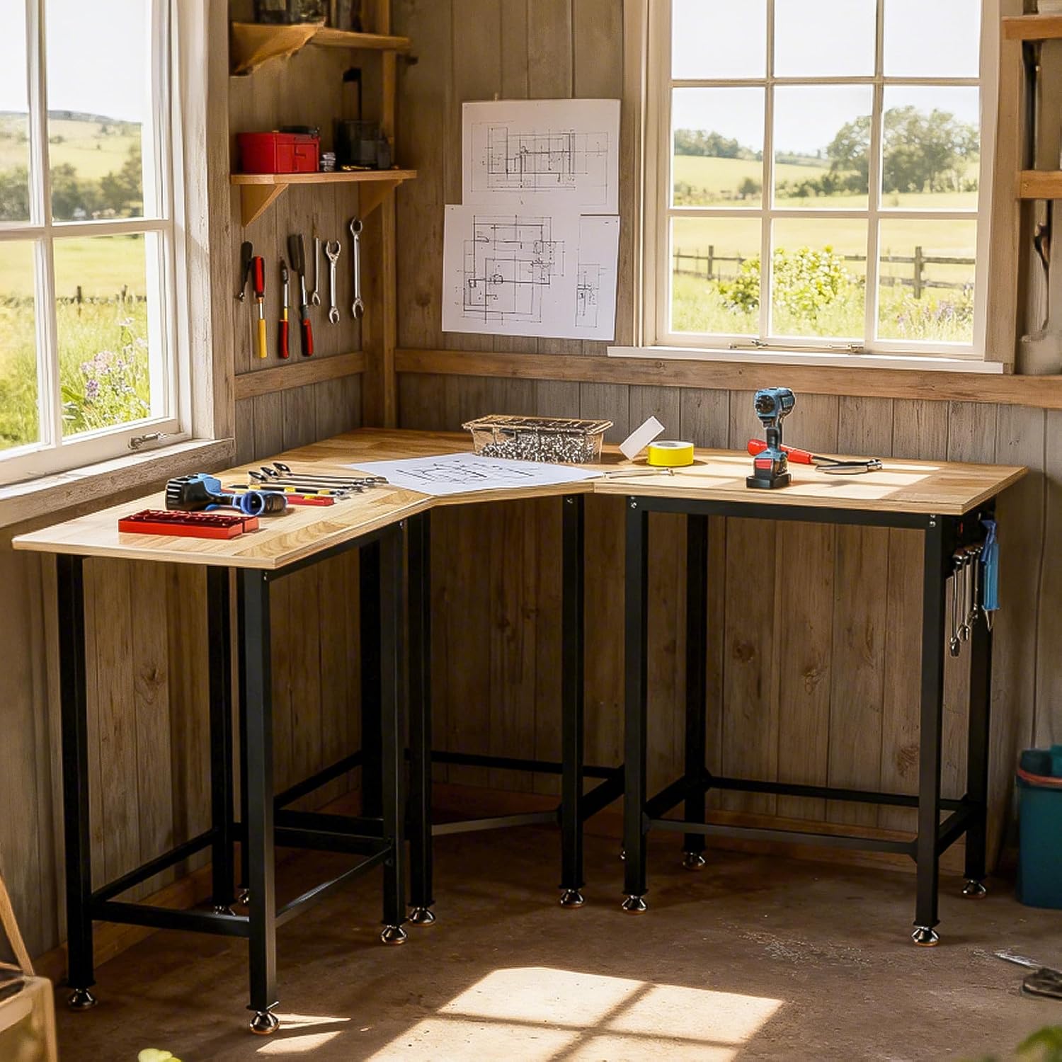 Betterhood 48'/60' Heavy-Duty Adjustable Workbench for Garage, Rubber Wood Shop Table,Hardwood Workstation Weight Capacity Over 1500 Lbs (Rubber Pad/Power Outlets/Ruler/63 x21.7 x35.8)