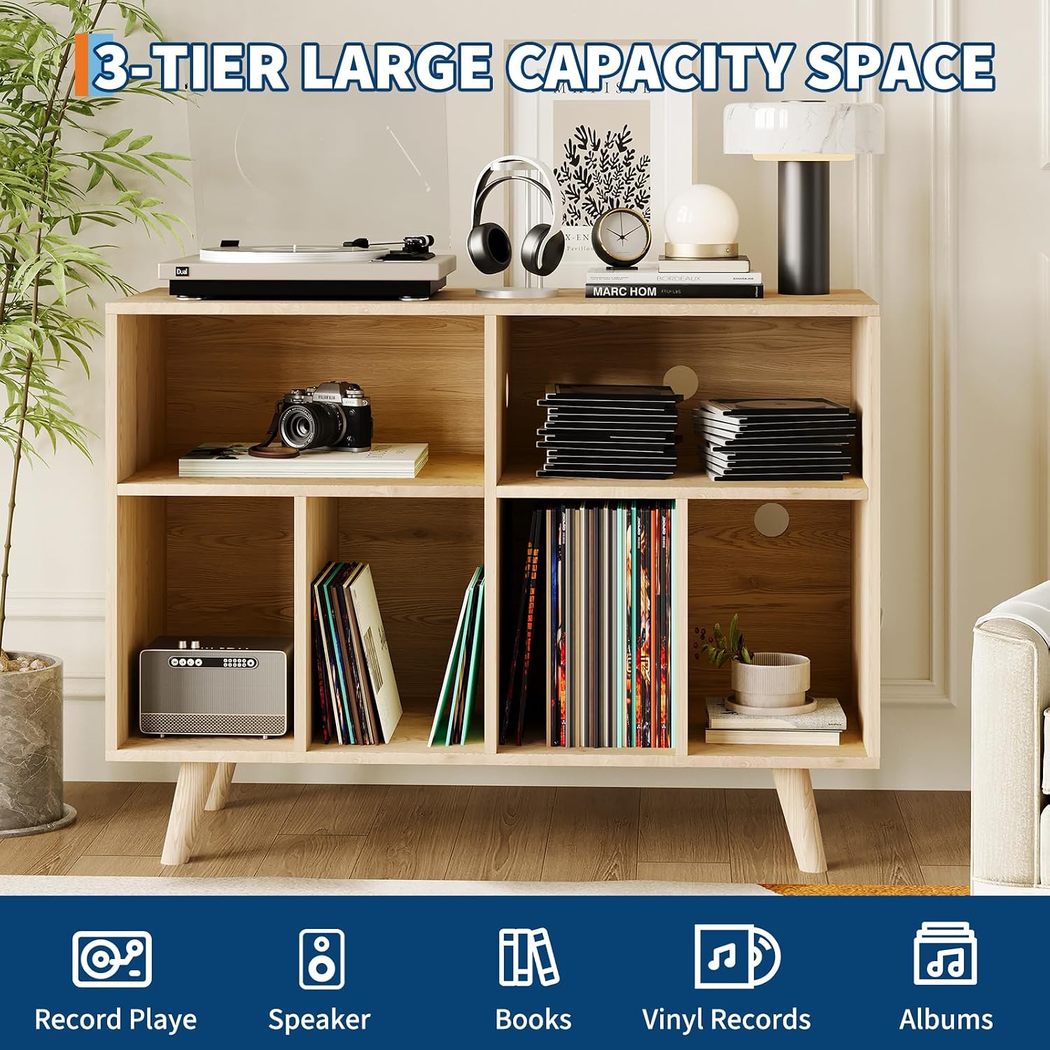 IDEALHOUSE Record Player Stand with Vinyl Storage, 39.5in Large Vinyl Record Holder Player Cabinet Wood Turntable Stand Up to 350 Albums with Charging Station for Living Room, Natural