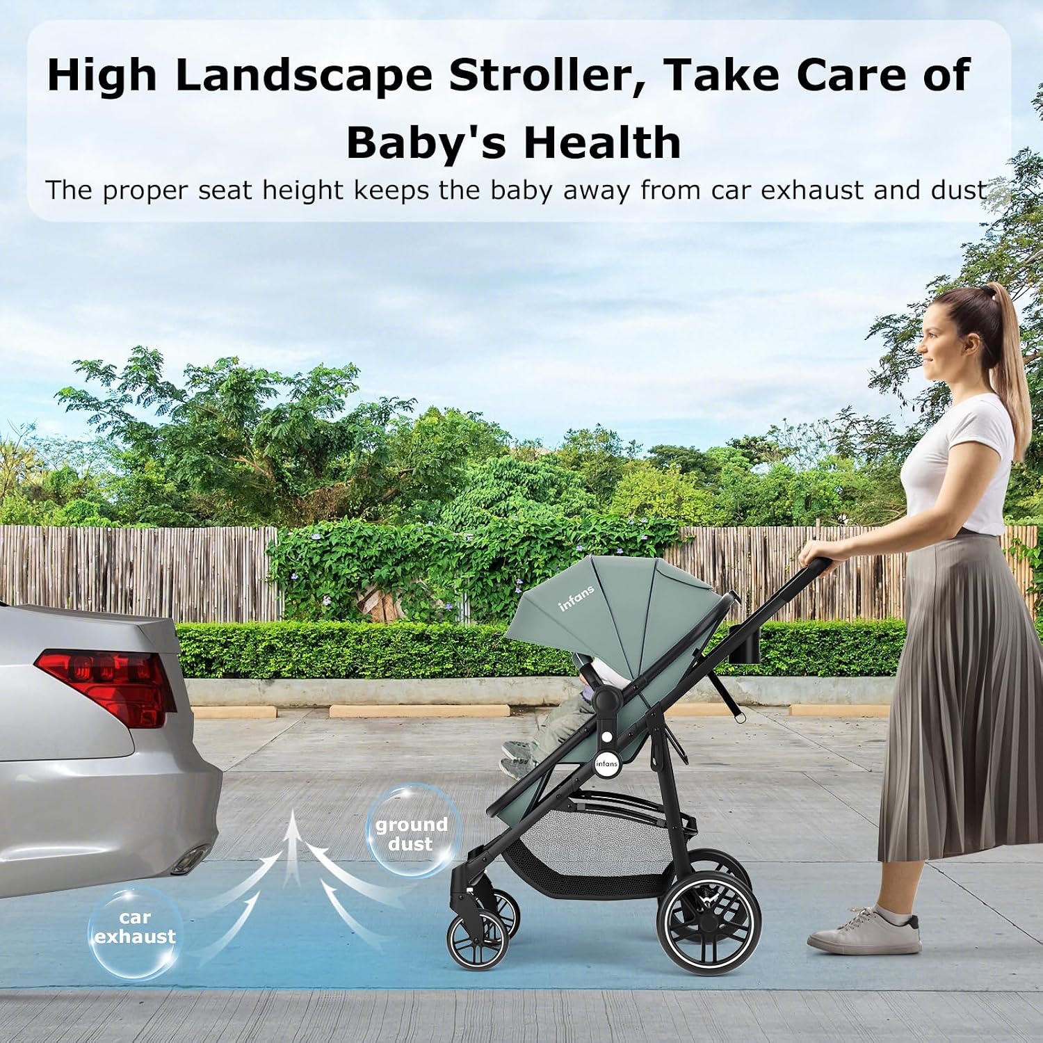 INFANS 2 in 1 Baby Stroller, High Landscape Infant Stroller & Reversible Bassinet Pram, Foldable Pushchair with Adjustable Canopy, Cup Holder, Storage Basket, Suspension Wheels (Green)