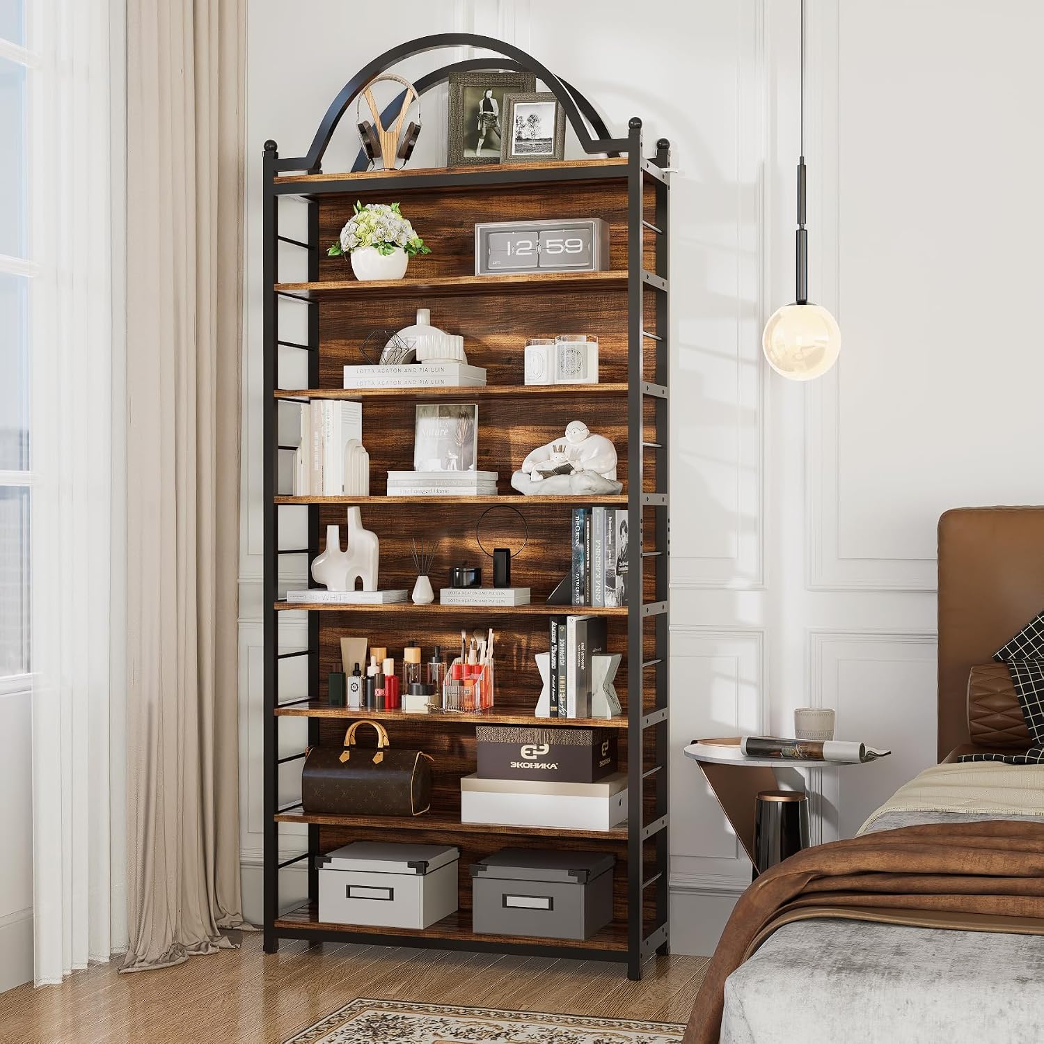 8-Tier CD Storage Racks,CDs DVDs Game Video Media Organizer Cabinet with 7 Shelves,78.7' Arched-Top Industrial Tall Bookshelf Display Bookcase Brown Black