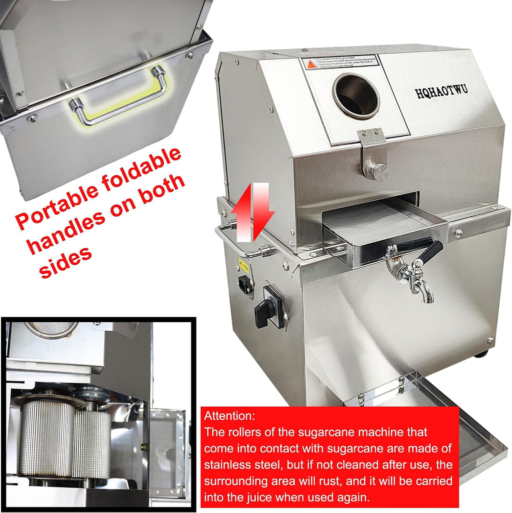 Sugarcane Juicer Electric Sugarcane Press Desktop Sugarcane Ginger Sorghum Stalk Press Sugarcane Juice Extractor 3 Stainless Steel Rollers Juice Press Machine 300Kg/H with 2 Knives 110V
