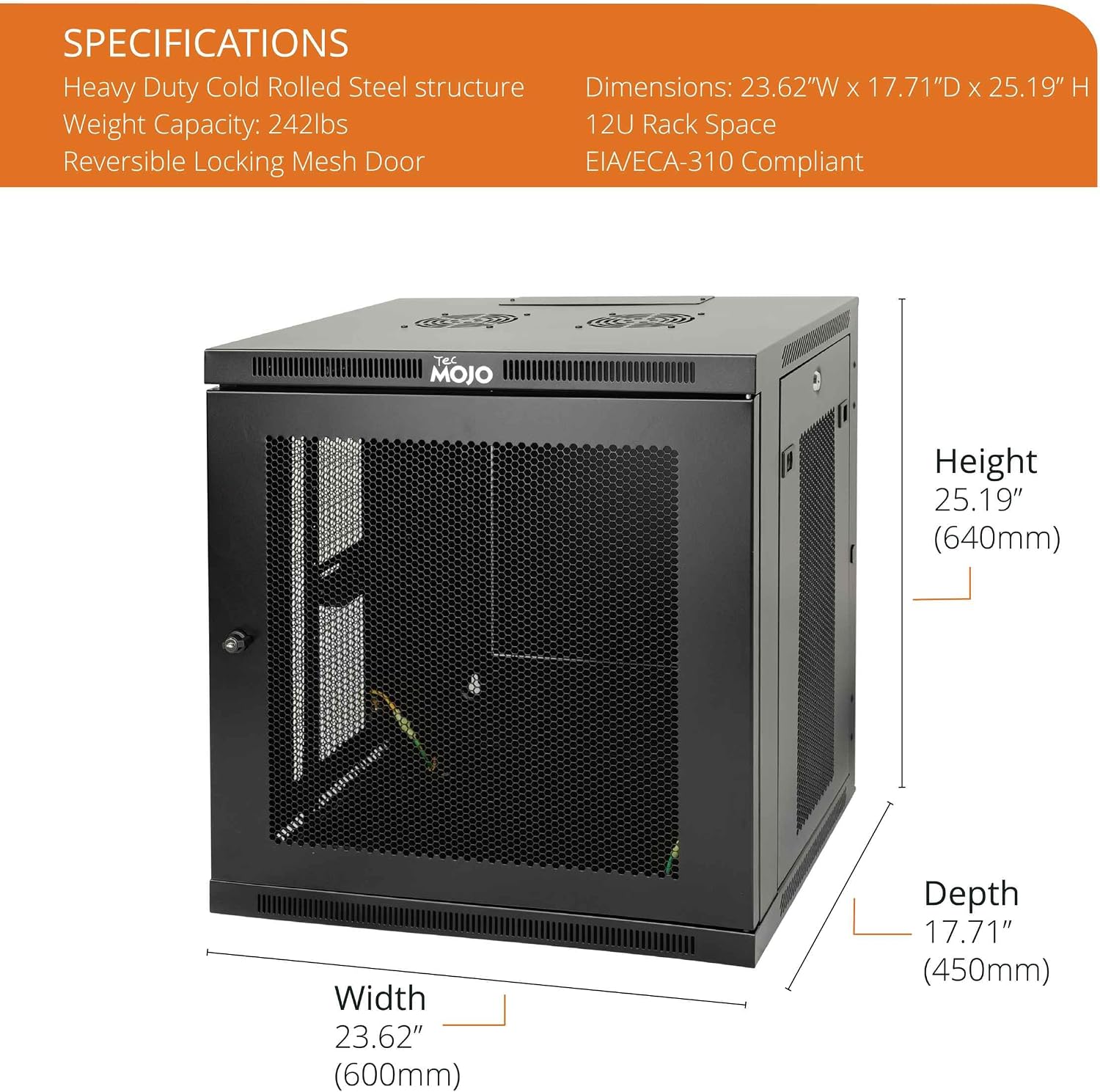 Tecmojo 12U Wall Mount Rack,12U Rack 17.7 Inch Depth,Hold Up to 176 Lbs,Enclosed Wall Mount Rack Kit for 19 Inch Network,Server and AV Gear,Mesh Door(Elite Collection)