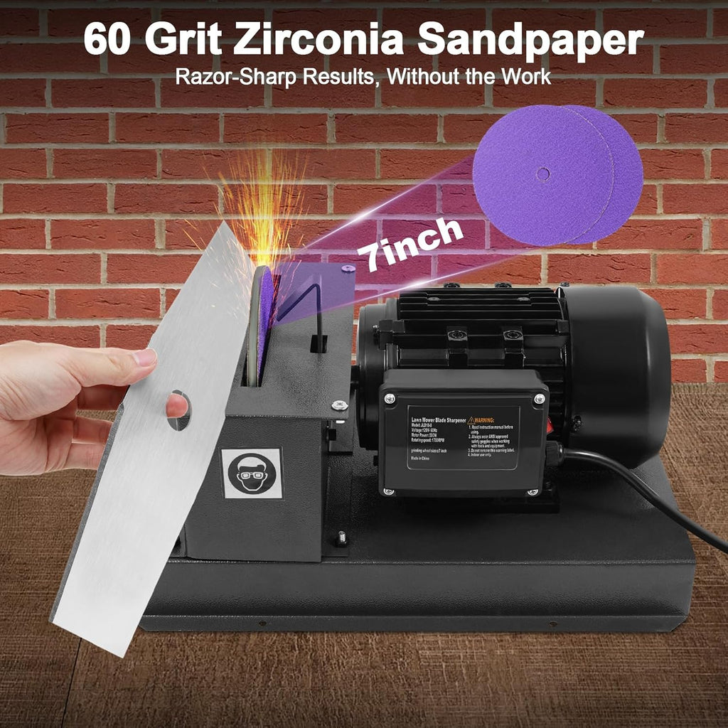 Lawn Mower Blade Sharpener, 2/3HP 500W Lawnmower Blade Bench Grinder with 7-inch Zirconium Corundum Sandpaper Wheel, Bench Mower Sharpening Machine for Various Lawn Mower Blades