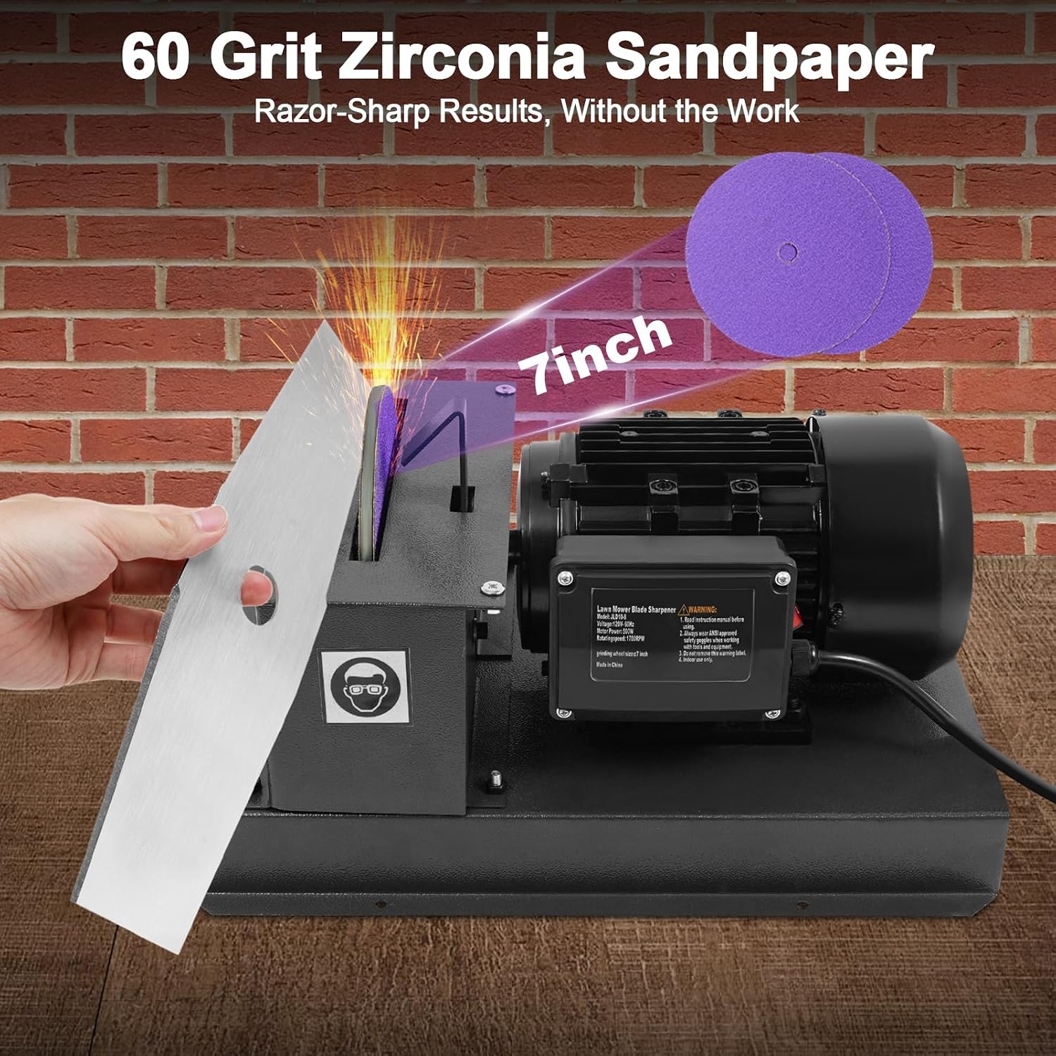 Lawn Mower Blade Sharpener, 2/3HP 500W Lawnmower Blade Bench Grinder with 7-inch Zirconium Corundum Sandpaper Wheel, Bench Mower Sharpening Machine for Various Lawn Mower Blades
