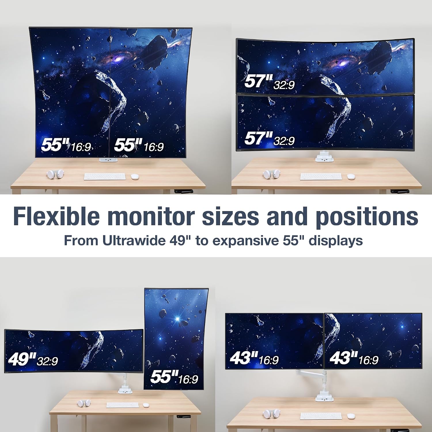 AVLT Dual 57 Inch Heavy Duty Stacking Monitor Arm Pole Top Mount with USB-C&A Ports-White, Height Adjustable, Easy Install Top C-Clamp/Grommet w/Reinforcement Plates, VESA Compatible 200/100/75