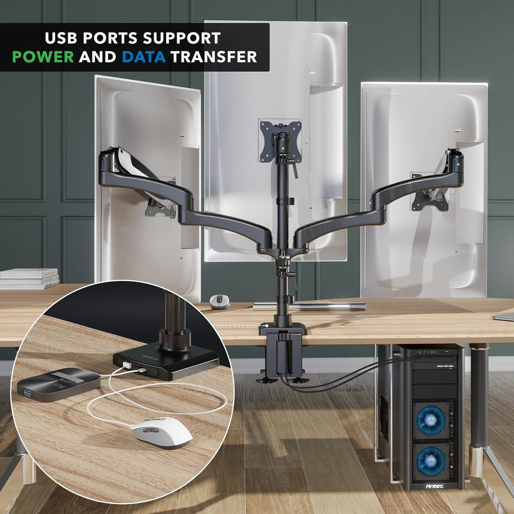 Mount-It! Triple Monitor Mount, 3 Monitor Desk Mount with Gas Spring Arms, Fits 13–32 Inch Screens up to 17.6 lbs per Arm, VESA 75 & 100, Clamp or Grommet Base, USB-A & C Ports, Black