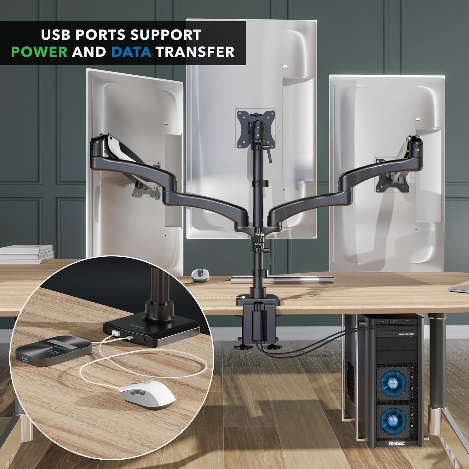 Mount-It! Triple Monitor Mount, 3 Monitor Desk Mount with Gas Spring Arms, Fits 13–32 Inch Screens up to 17.6 lbs per Arm, VESA 75 & 100, Clamp or Grommet Base, USB-A & C Ports, Black
