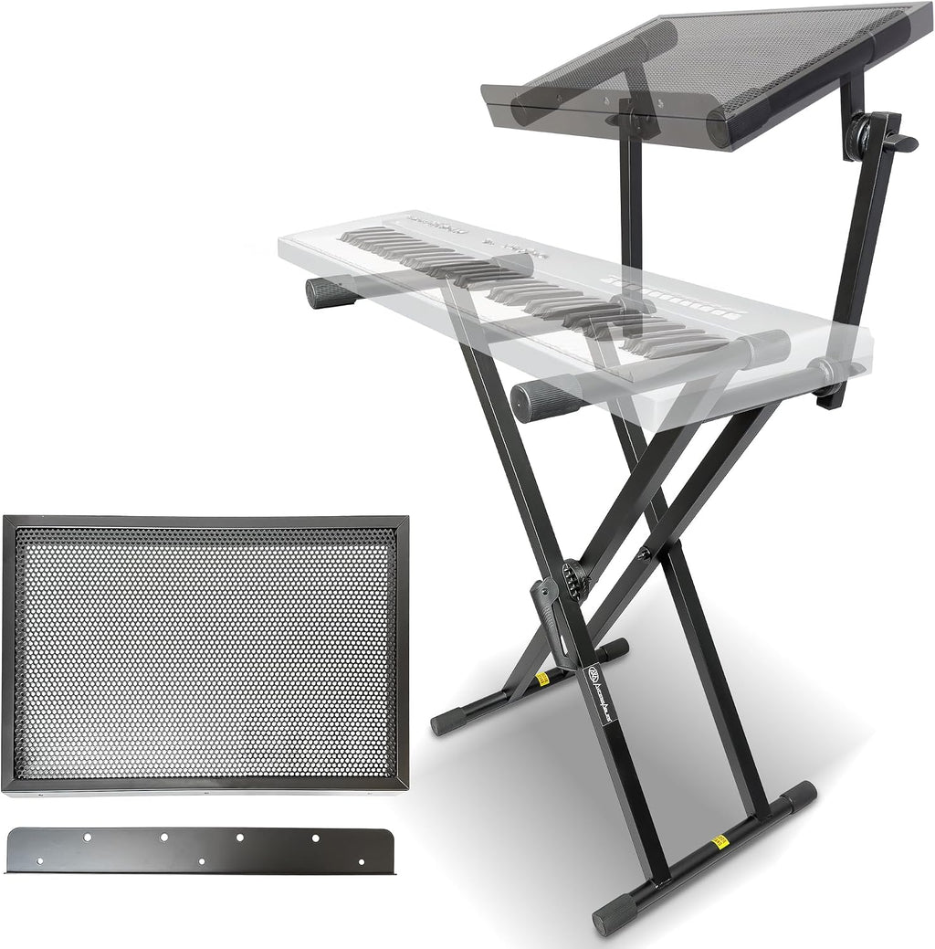 AxcessAbles Dual Piano Keyboard Stand with 2nd Tier – X Style Adjustable and Portable Heavy Duty 2 Tier Stand for Synths, Laptops, Tablet, Sheet music and Digital Keyboards – Fits 54, 61, 64, 88 Key Pianos. Electric Piano and Sheet Music Stand
