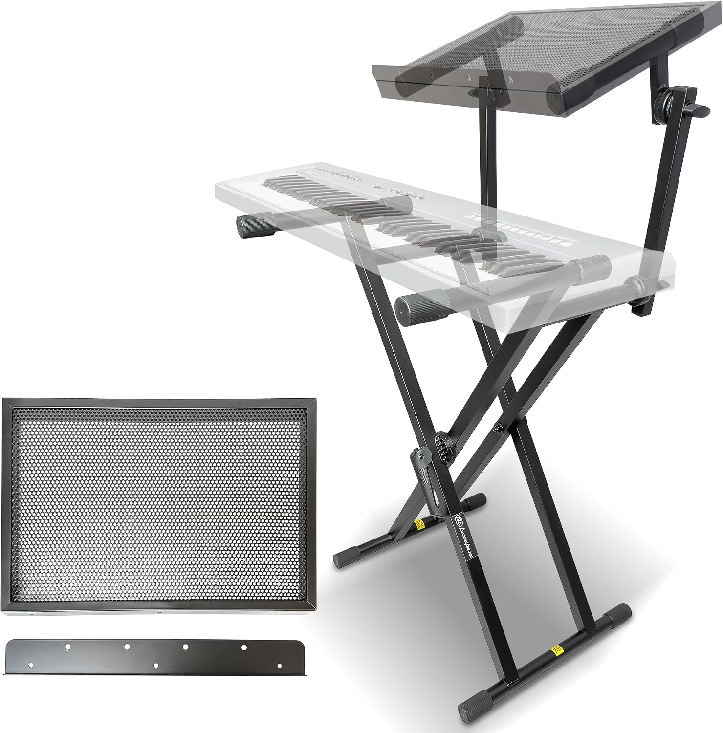 AxcessAbles Dual Piano Keyboard Stand with 2nd Tier – X Style Adjustable and Portable Heavy Duty 2 Tier Stand for Synths, Laptops, Tablet, Sheet music and Digital Keyboards – Fits 54, 61, 64, 88 Key Pianos. Electric Piano and Sheet Music Stand