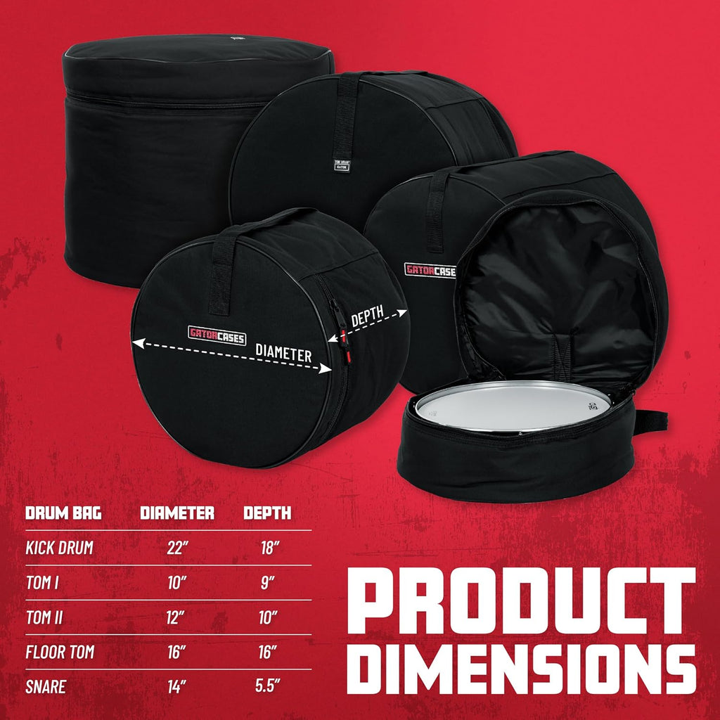 Gator Cases Protechtor Series Five Piece Padded Nylon Gig Bags for Fusion Style Drum Sets, Fits - 22'X18', 10'X9', 12'X10', 16'X16', 14'X5.5' (GP-FUSION16)