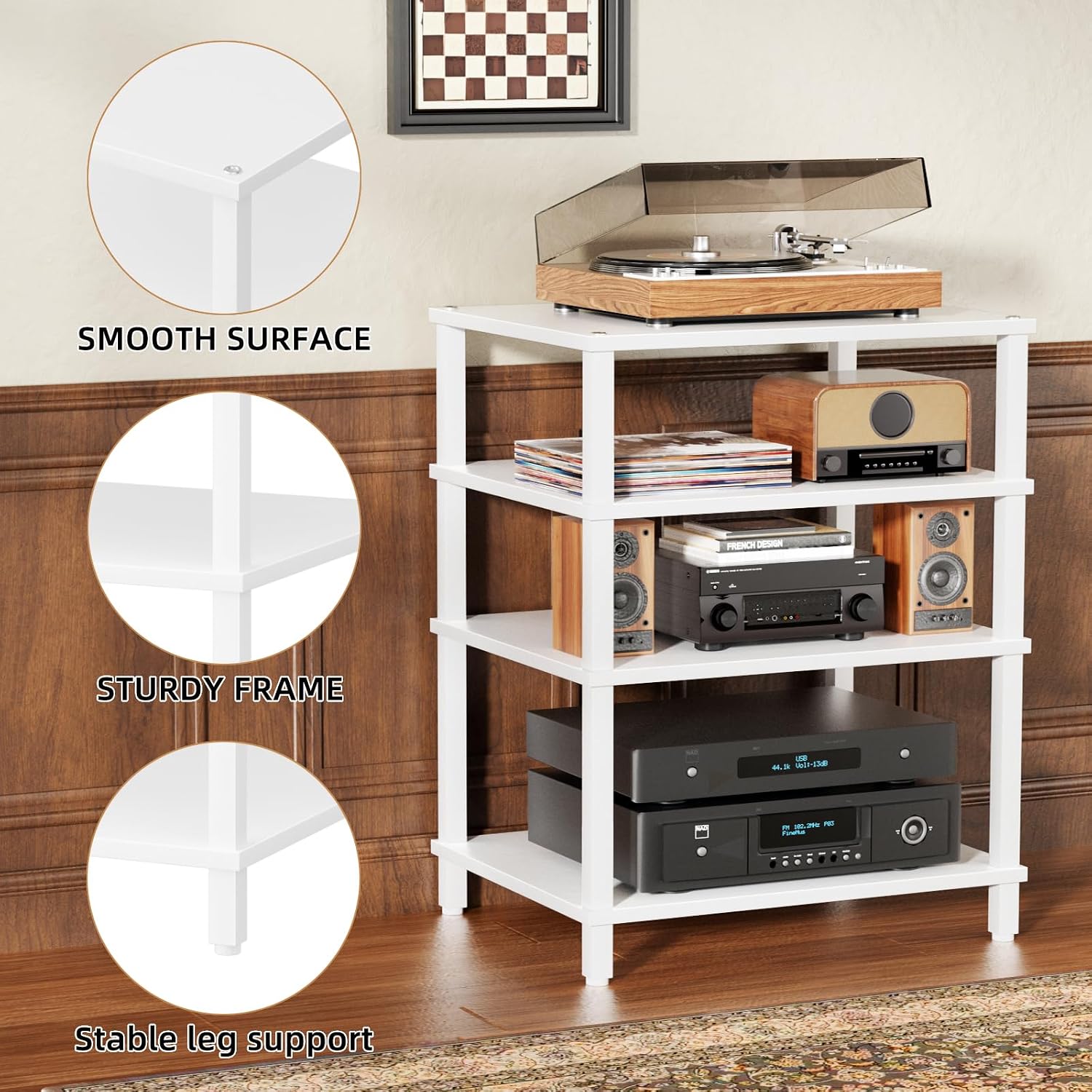 LELELINKY 4-Tier AV Media Player Stand Set of 2, White Stereo Cabinet, Wooden TV Stand,Game Console Shelf, Multifunctional Entertainment Center, Suitable for Home, Conference Room, Game Studio