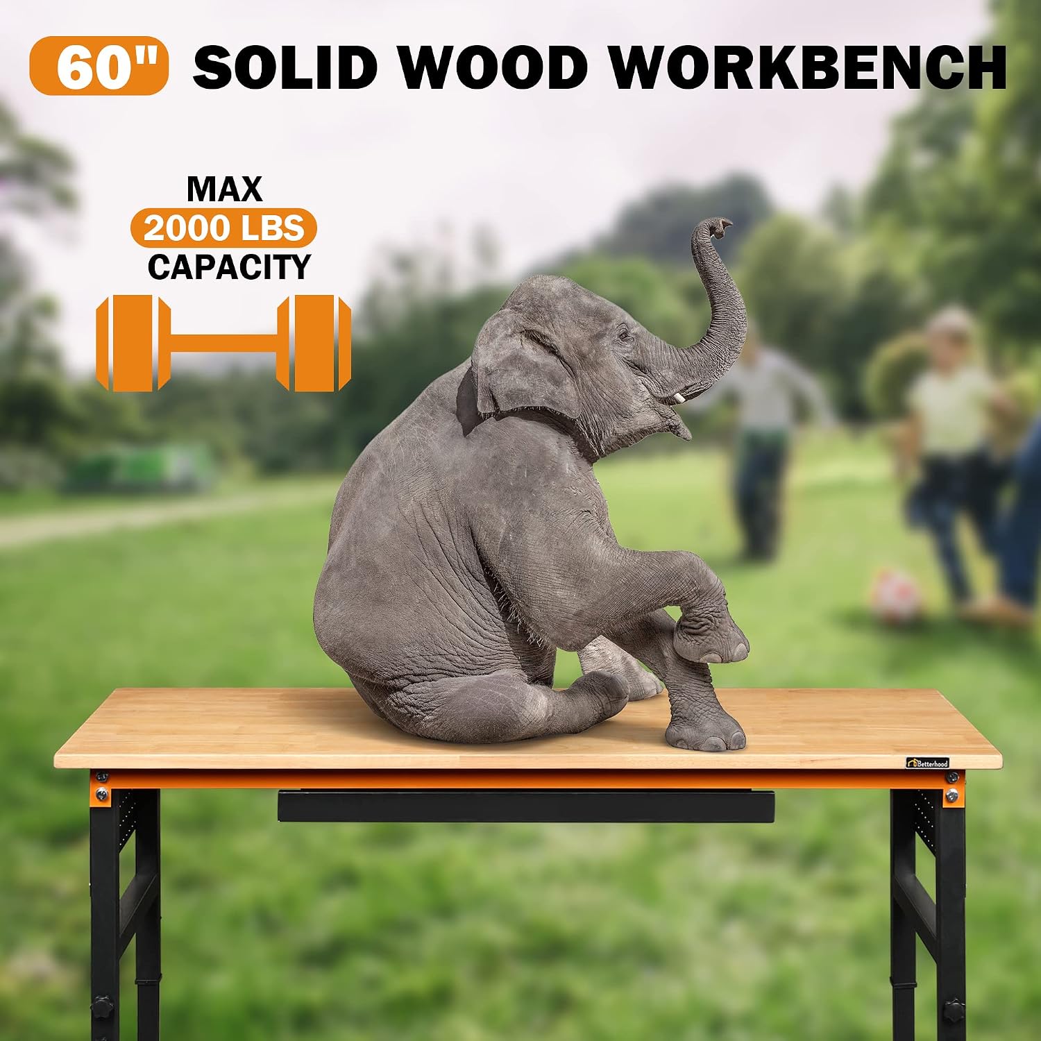 Betterhood 60' Heavy-Duty Adjustable Workbench for Garage, Rubber Wood Shop Table W/Double Pegboards & Drawer,Hardwood Workstation Weight Capacity Over 2000 Lbs