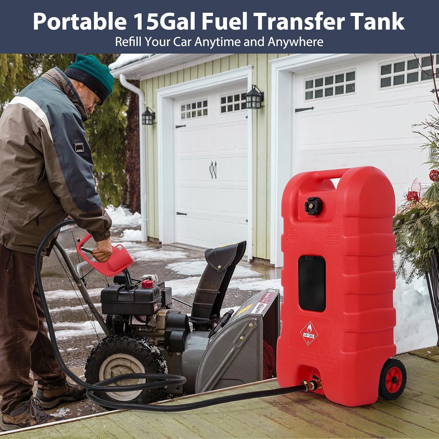GAOMON Fuel Caddy, 15 Gallon Portable Gas Fuel Tank Container with LE Fluid Transfer Siphon Pump and 10ft. Delivery Hose, Diesel Storage Can On-Wheels for Cars, Lawn Mowers, ATVs, Boats