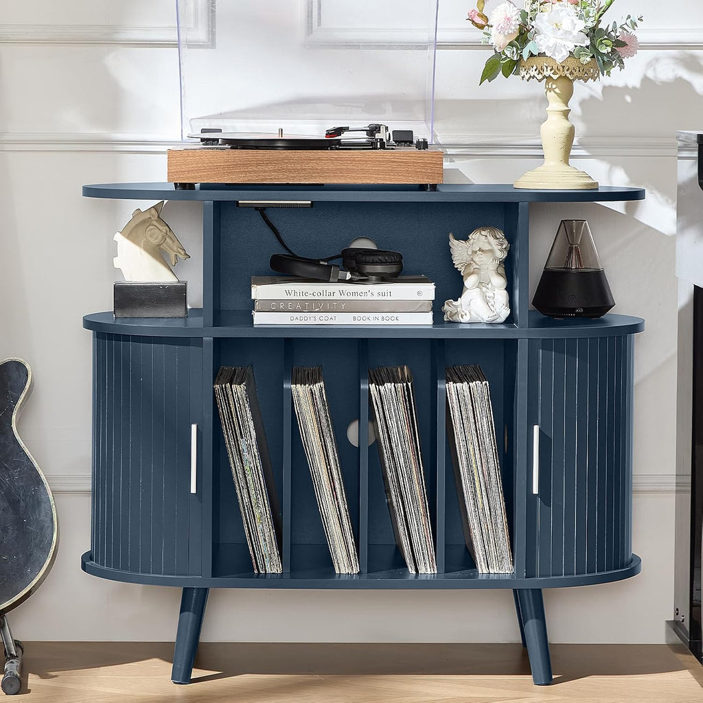 LELELINKY Small Round Record Player Stand with Charging Station & Fluted Panel,Navy Blue Mid Century Modern Turntable Cabinet with Vinyl Storage, Arched Wood Record Player Table for Living Room