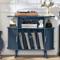 LELELINKY Small Round Record Player Stand with Charging Station & Fluted Panel,Navy Blue Mid Century Modern Turntable Cabinet with Vinyl Storage, Arched Wood Record Player Table for Living Room