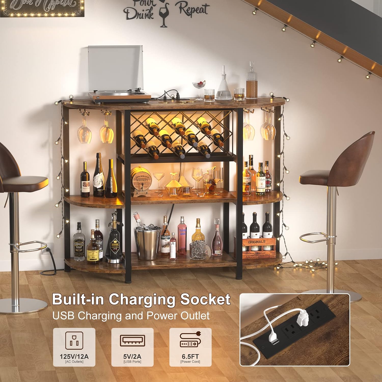 Unikito Wine Rack Table with Socket and LED Light, Floor Bar Cabinet for Liquor and Glasses, Wood Coffee Bar Table with Adjustable Wine Rack, FreeStanding Sideboard and Buffet Cabinet, Rustic