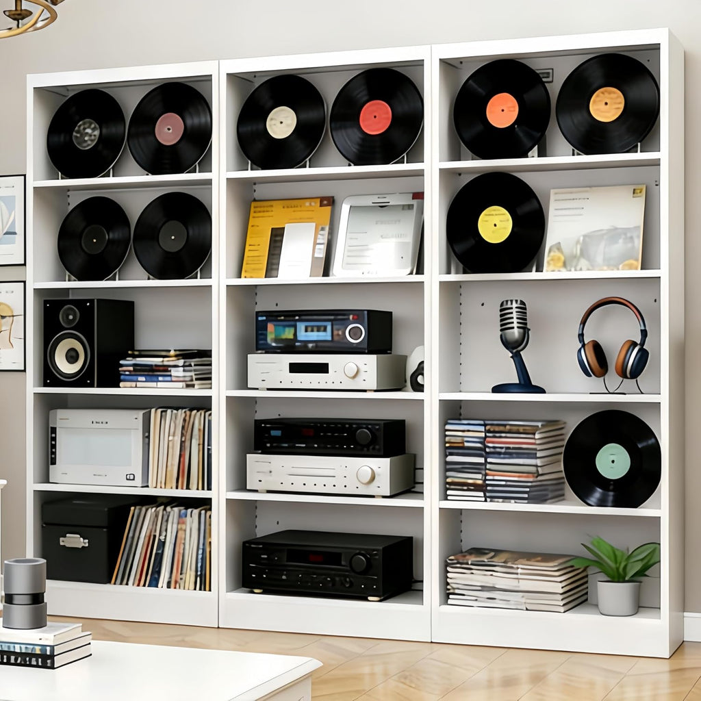 Large Vinyl Record Storage Cabinet, Heavy-Duty Metal Record Player Stand with Adjustable Shelves, 66' H Media Shelf Organizer for LP Albums, Turntable & Audio Equipment, White
