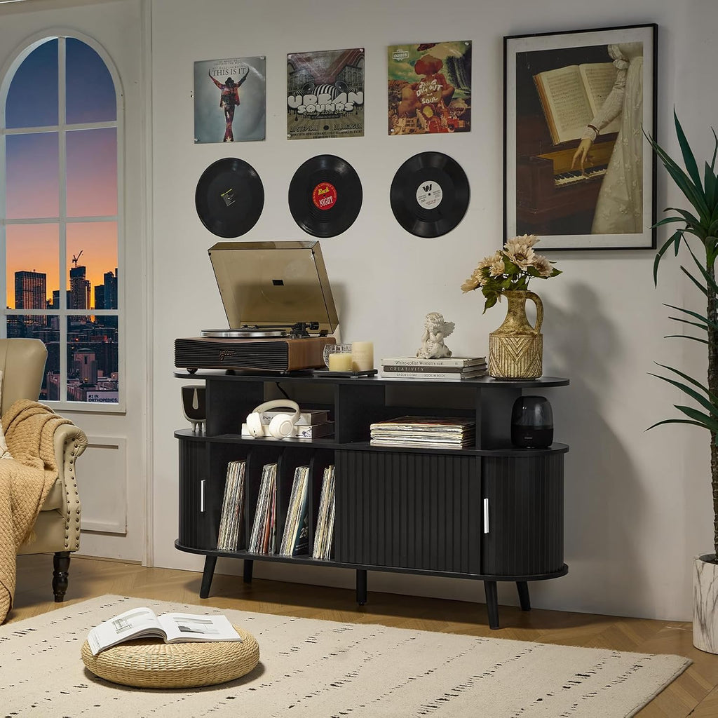 LELELINKY Large Round Record Player Stand with Charging Station & Fluted Panel, Black Farmhouse Turntable Cabinet with Vintage Vinyl Storage, Arched Wood Record Player Table for Living Room