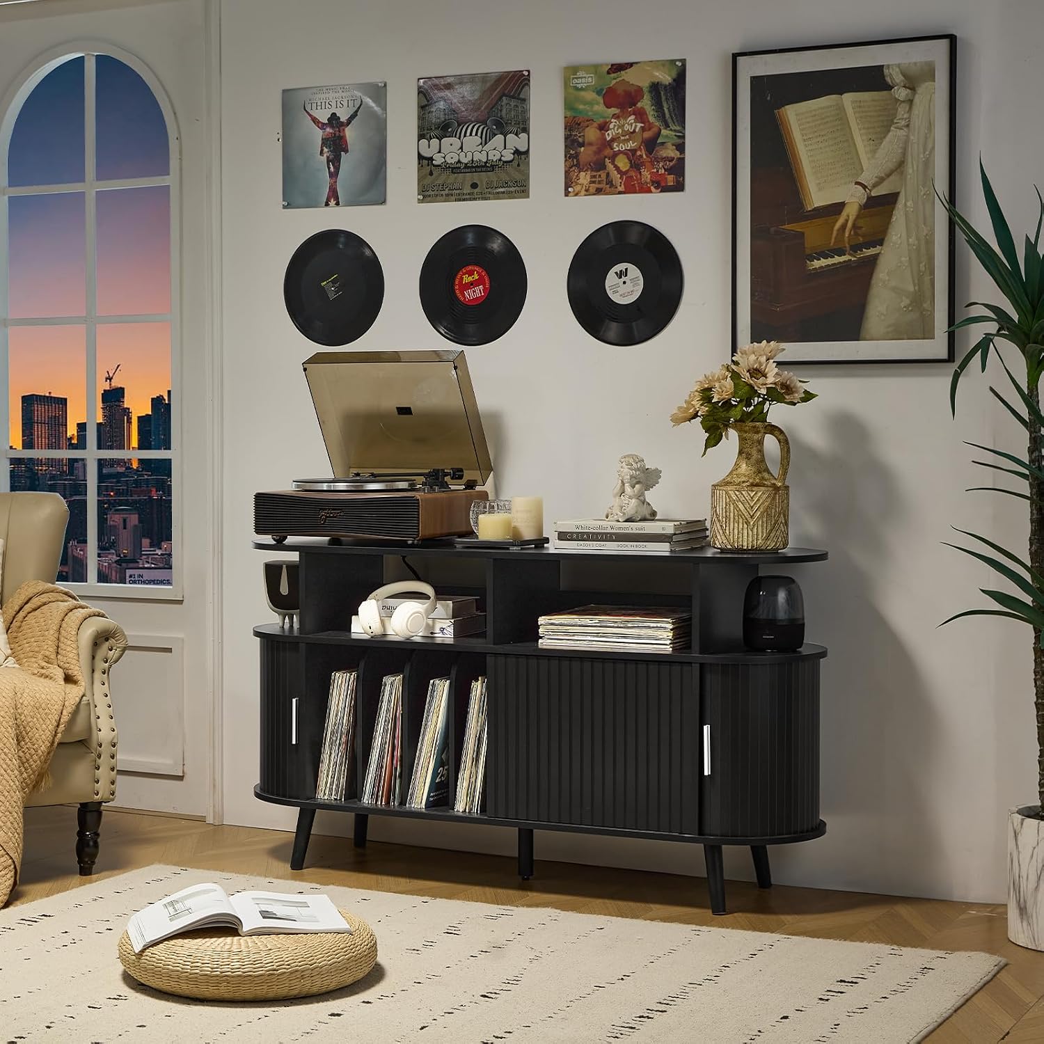 LELELINKY Large Round Record Player Stand with Charging Station & Fluted Panel, Black Farmhouse Turntable Cabinet with Vintage Vinyl Storage, Arched Wood Record Player Table for Living Room