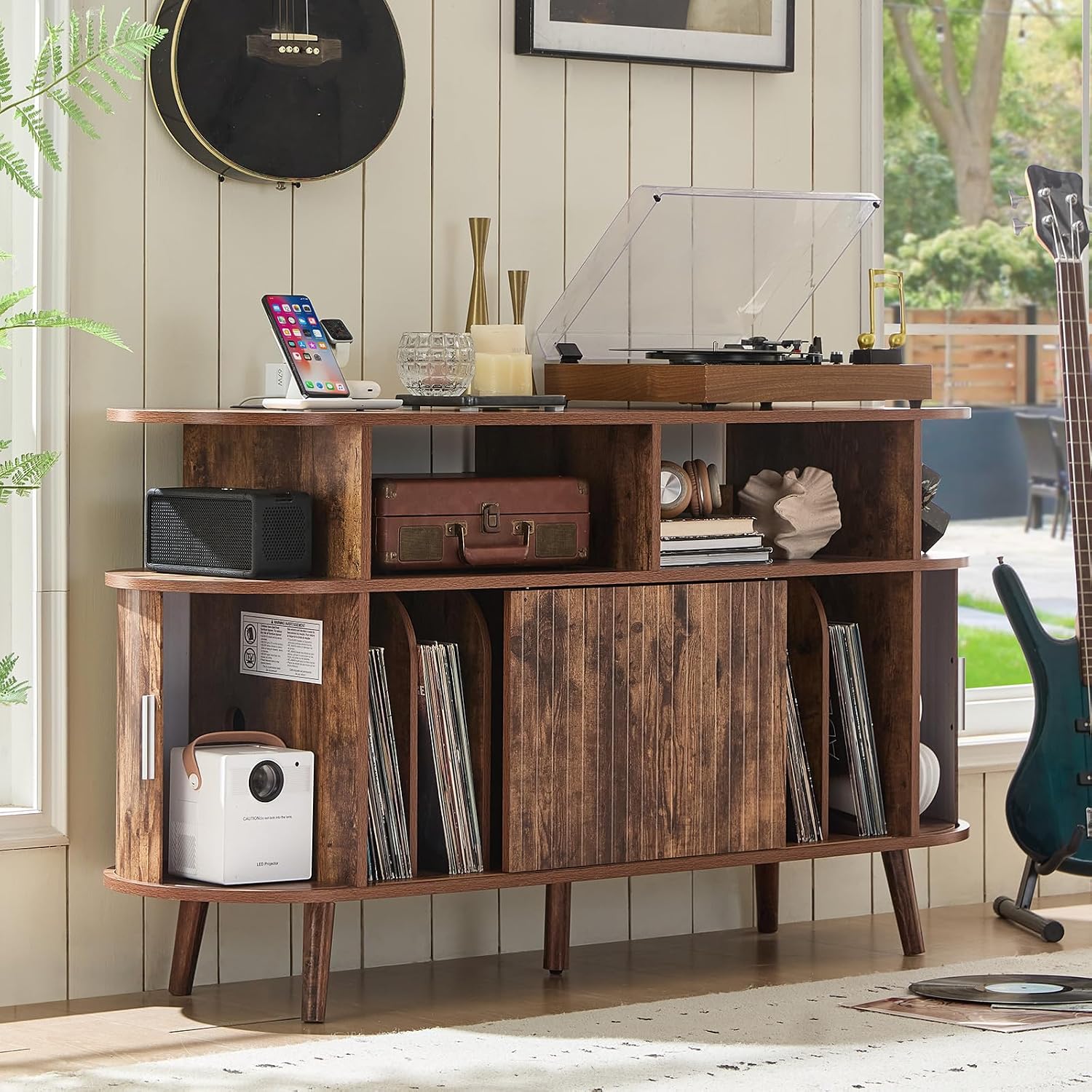LELELINKY Large Round Record Player Stand with Charging Station & Fluted Panel, Brown Mid Century Modern Turntable Cabinet with Vinyl Storage, Arched Wood Record Player Table for Living Room