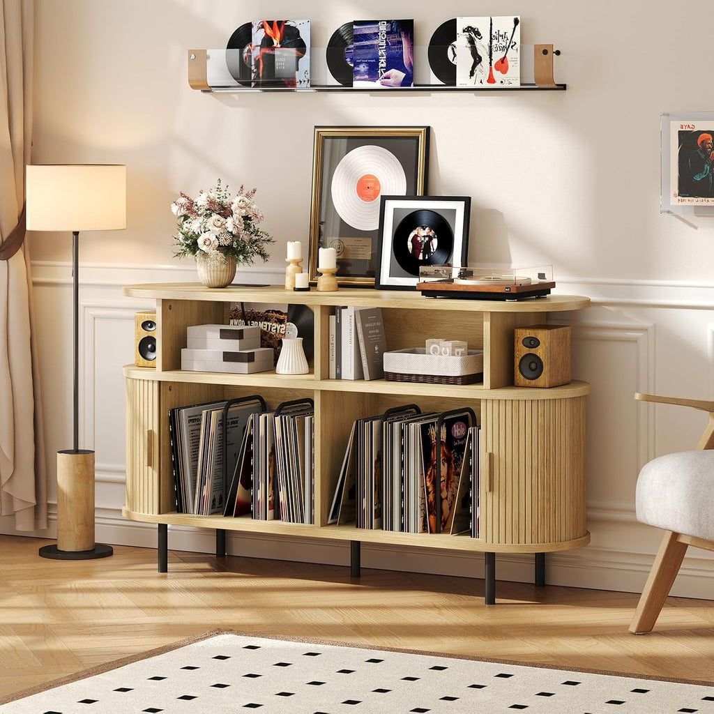 55' Large Round Record Player Stand with Charging Station, Vinyl Record Storage Cabinet, Mid Century Modern Turntable Stand with Open Shelves Holder for Bedroom Living Room, Sliding Doors (Oak)