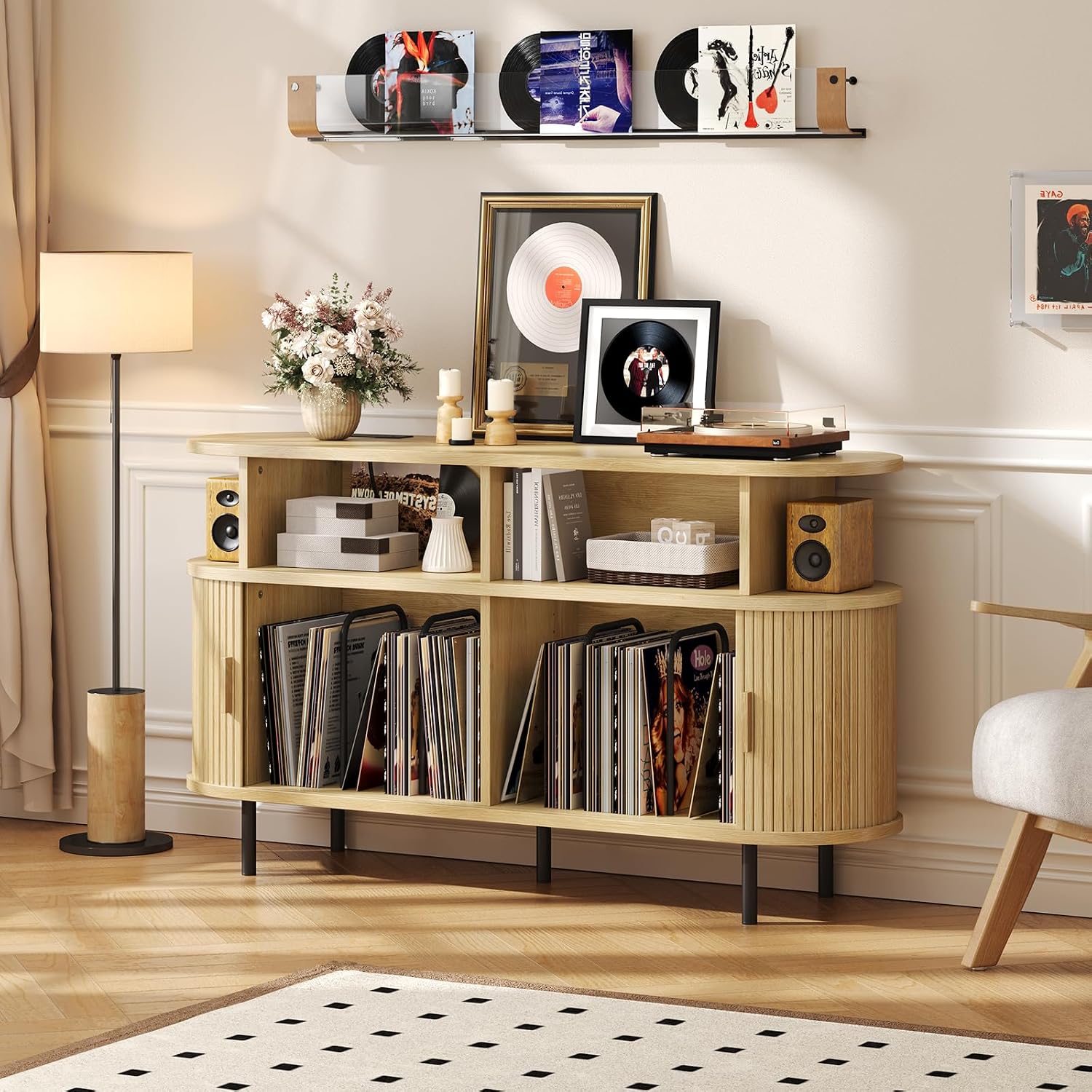 55' Large Round Record Player Stand with Charging Station, Vinyl Record Storage Cabinet, Mid Century Modern Turntable Stand with Open Shelves Holder for Bedroom Living Room, Sliding Doors (Oak)