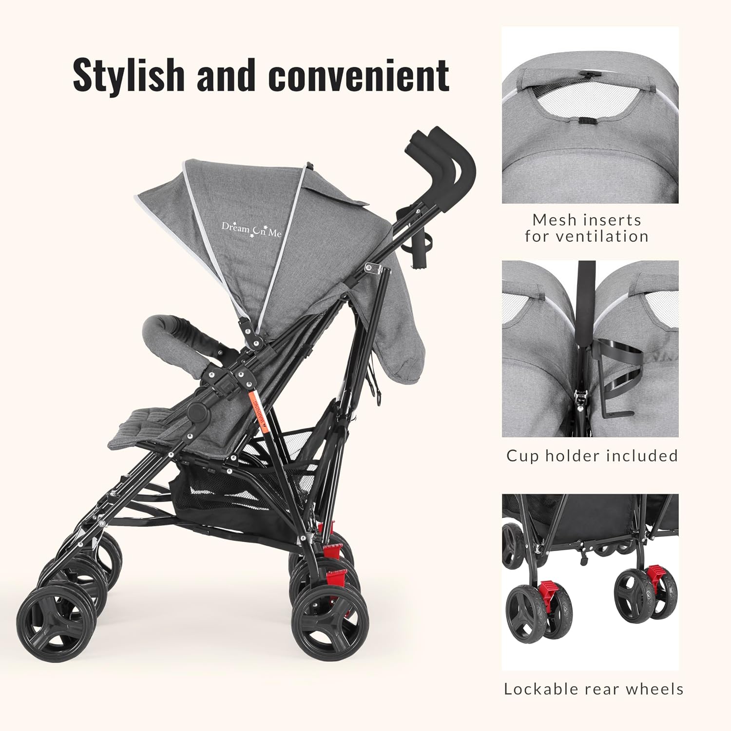 Dream On Me Volgo Twin Baby Stroller, Lightweight Side-by-Side Double Umbrella Stroller with Adjustable Canopy, 5-Point Harness, Storage Basket & Travel-Friendly Fold – Dark and Light Grey