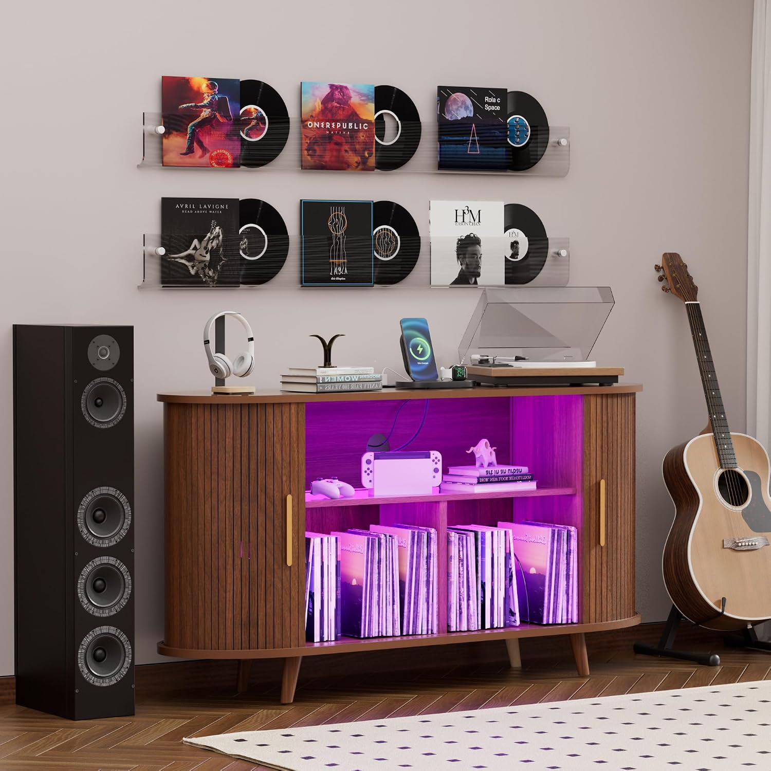 Large Record Player Stand with LED Lights, Vinyl Record Storage with Charging Station & USB Ports, Record Player Cabinet for Living Room(Natural, 55in) (Walnut, 55in)