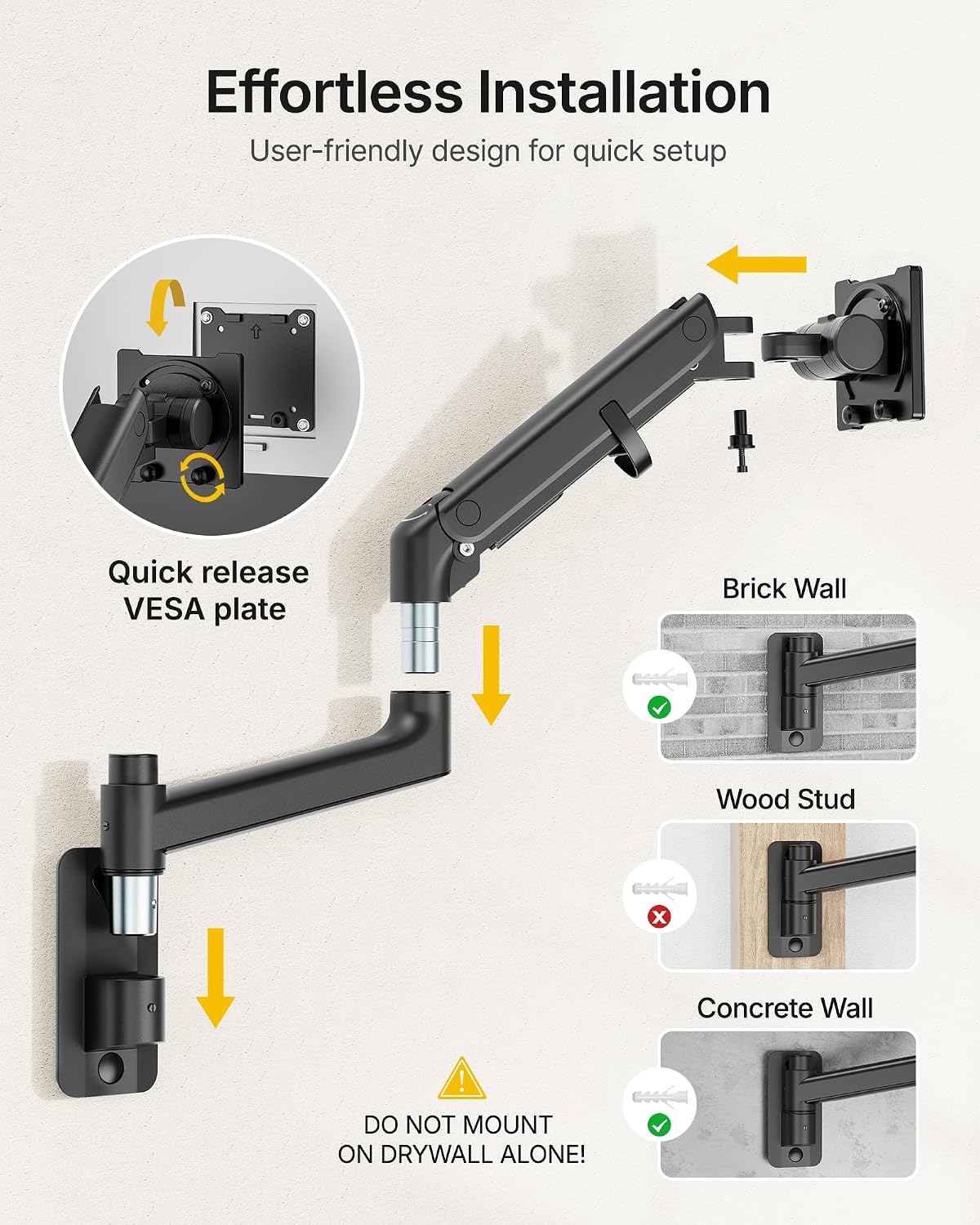monTEK Monitor Wall Mount for 17-57' up to 59.4 lbs Ultrawide Screens, Single Heavy-Duty Aluminum Gas Spring Monitor Arm with Full Motion Adjustment, VESA 75x75/100x100 Compatible, Black