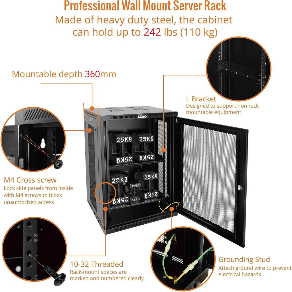 Tecmojo 18U Wall Mount Rack,18U Rack 17.7 Inch Depth,Hold Up to 176 Lbs,Enclosed Wall Mount Rack Kit for 19 Inch Network,Server and AV Gear,Mesh Door(Elite Collection)