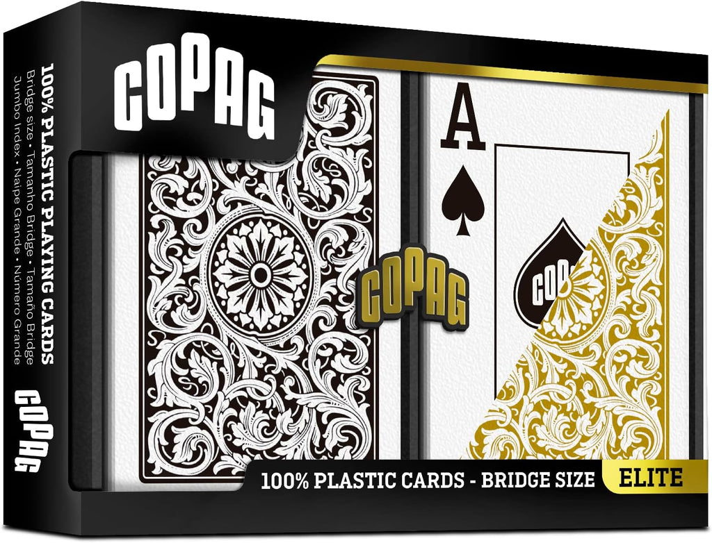 Copag 1546 Design 100% Plastic Playing Cards, Bridge Size (Narrow) Black/Gold (Jumbo Index, 6 Sets)