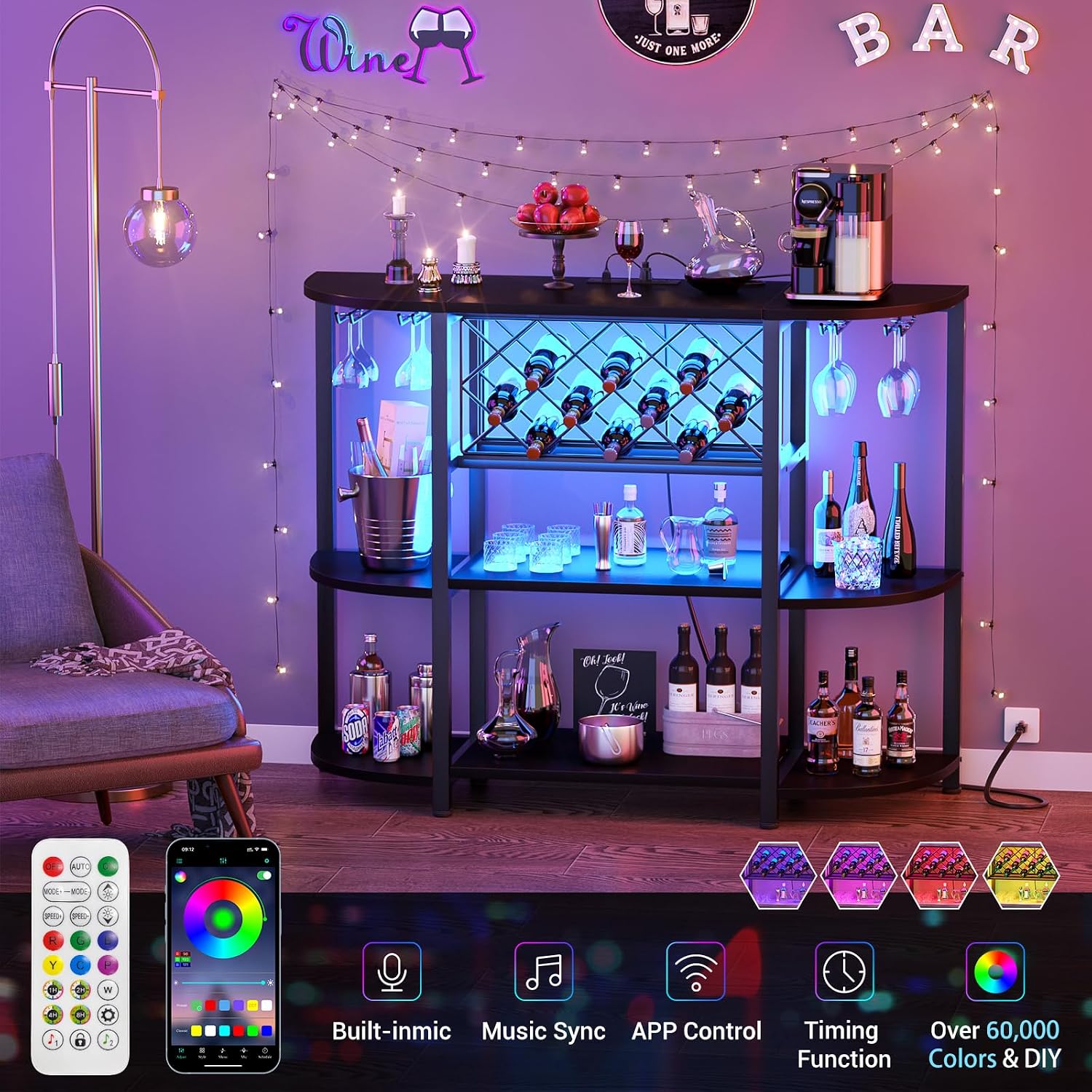 Unikito 4-Tier Metal Coffee Bar Cabinet with Outlet and LED Light, Freestanding Floor Bar Table for Liquor with Glass Holder and Wine Storage, Wine Table Bakers' Rack for Kitchen Dining Room, Black