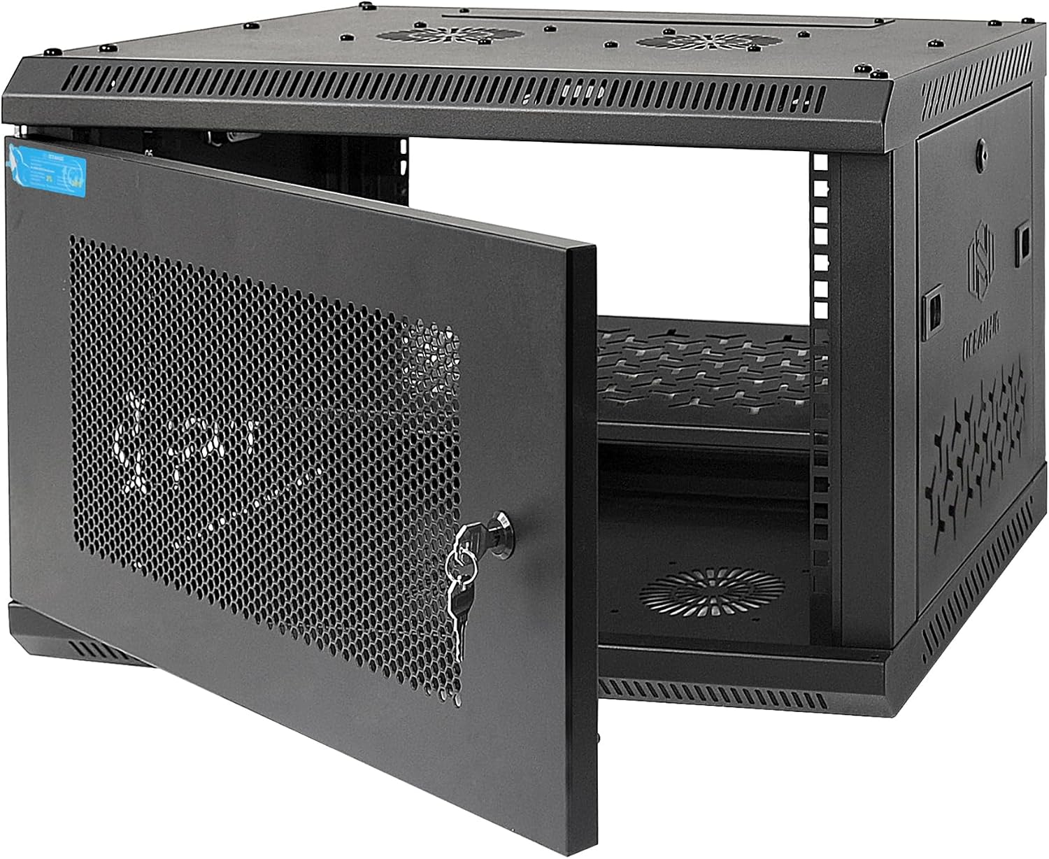 6U Wall Mount Server Cabinet with A Lockable Front Vented Door, Cooling Fans, Removable Side Panels - 60cm Depth, 19' Network Rack Including Full-Size Rack Shelf for IT Equipment