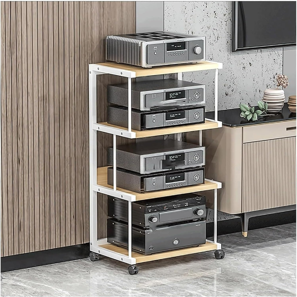 Audio Rack 3/4 Tier Stereo Rack Audio Equipment Rack Audio Stereo Shelf Wooden Open Movable Audio-Video Shelving with Wheels AV Stand(Wei�,100cm)